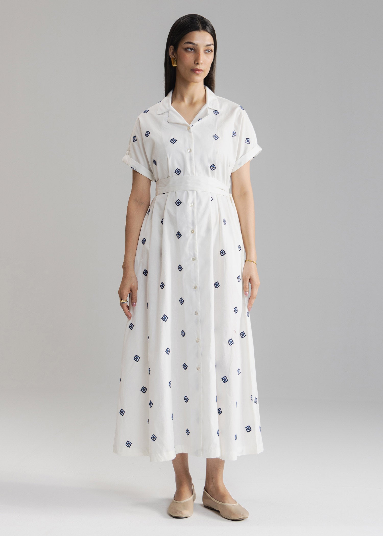 Embroidered Button Down Dress- WS26-39