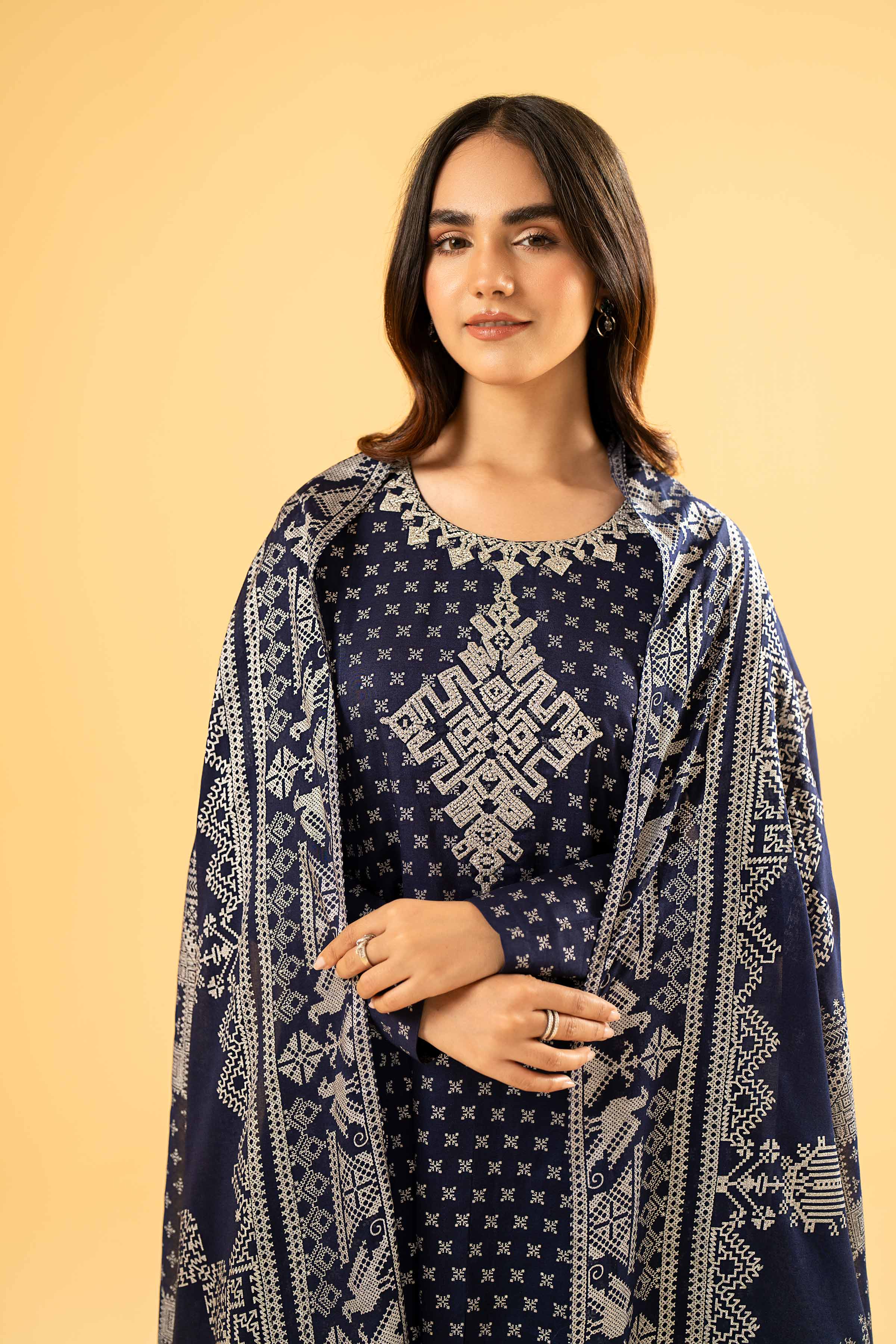 3 Piece - Silver Printed Embroidered Suit - 42401862