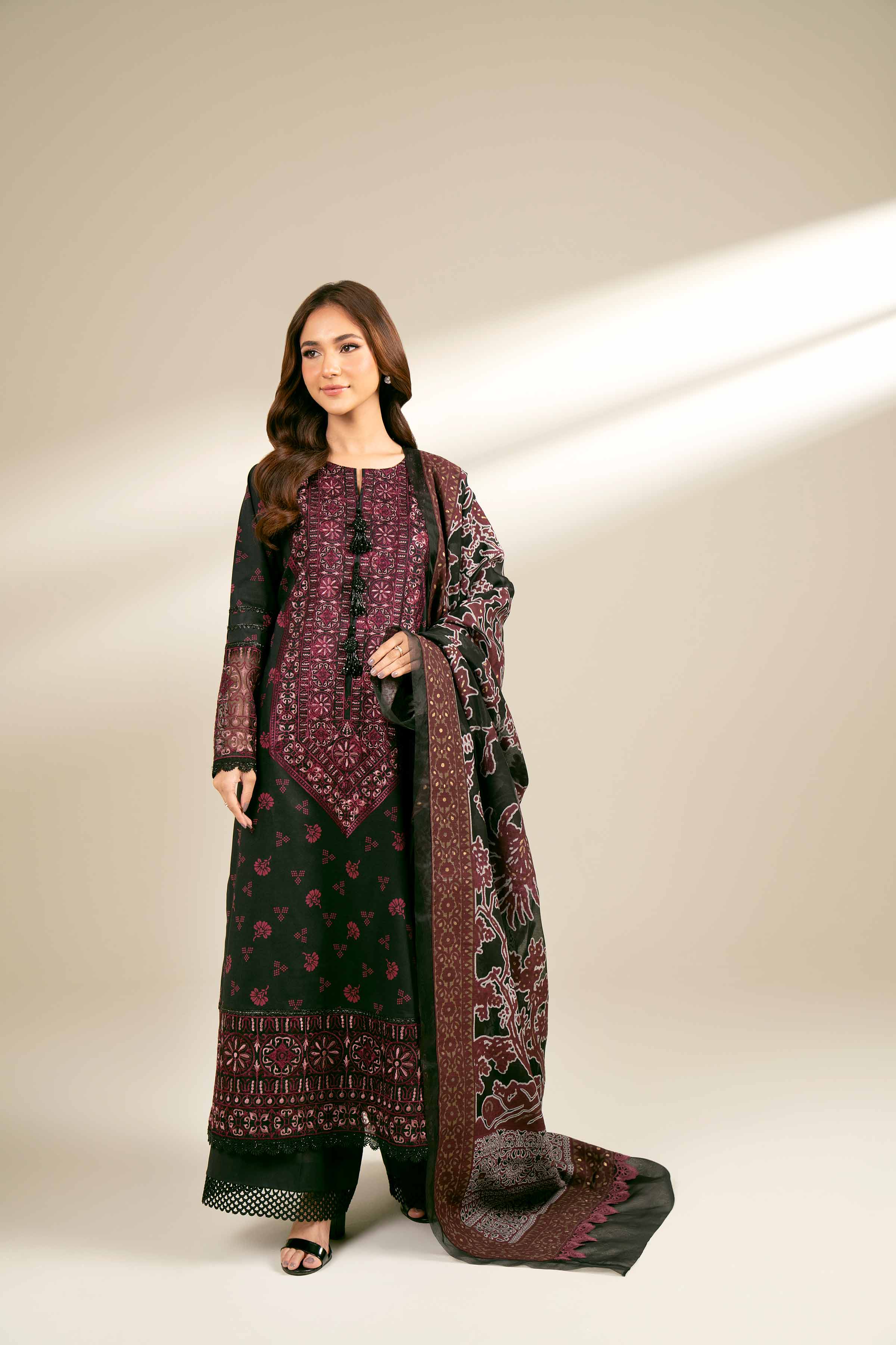3 Piece - Printed Embroidered Suit - 42402133