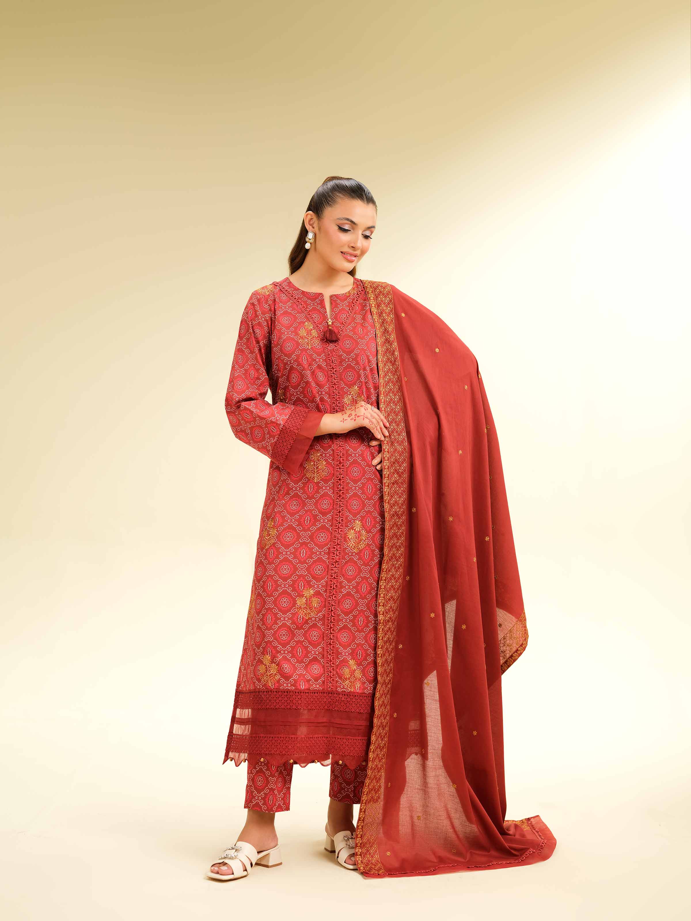 3 Piece - Printed Embroidered Suit - 42501363