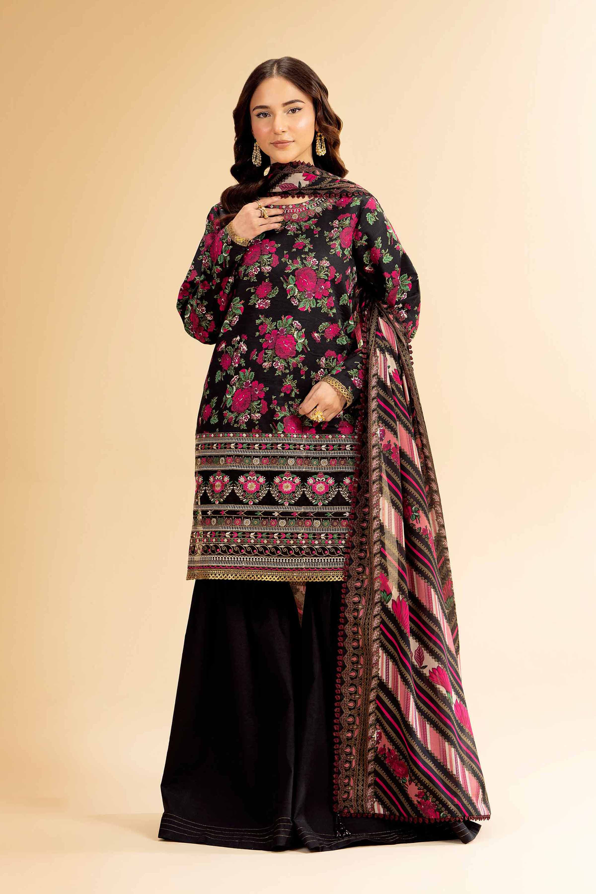 3 Piece - Gold Printed Embroidered Suit - 42501417