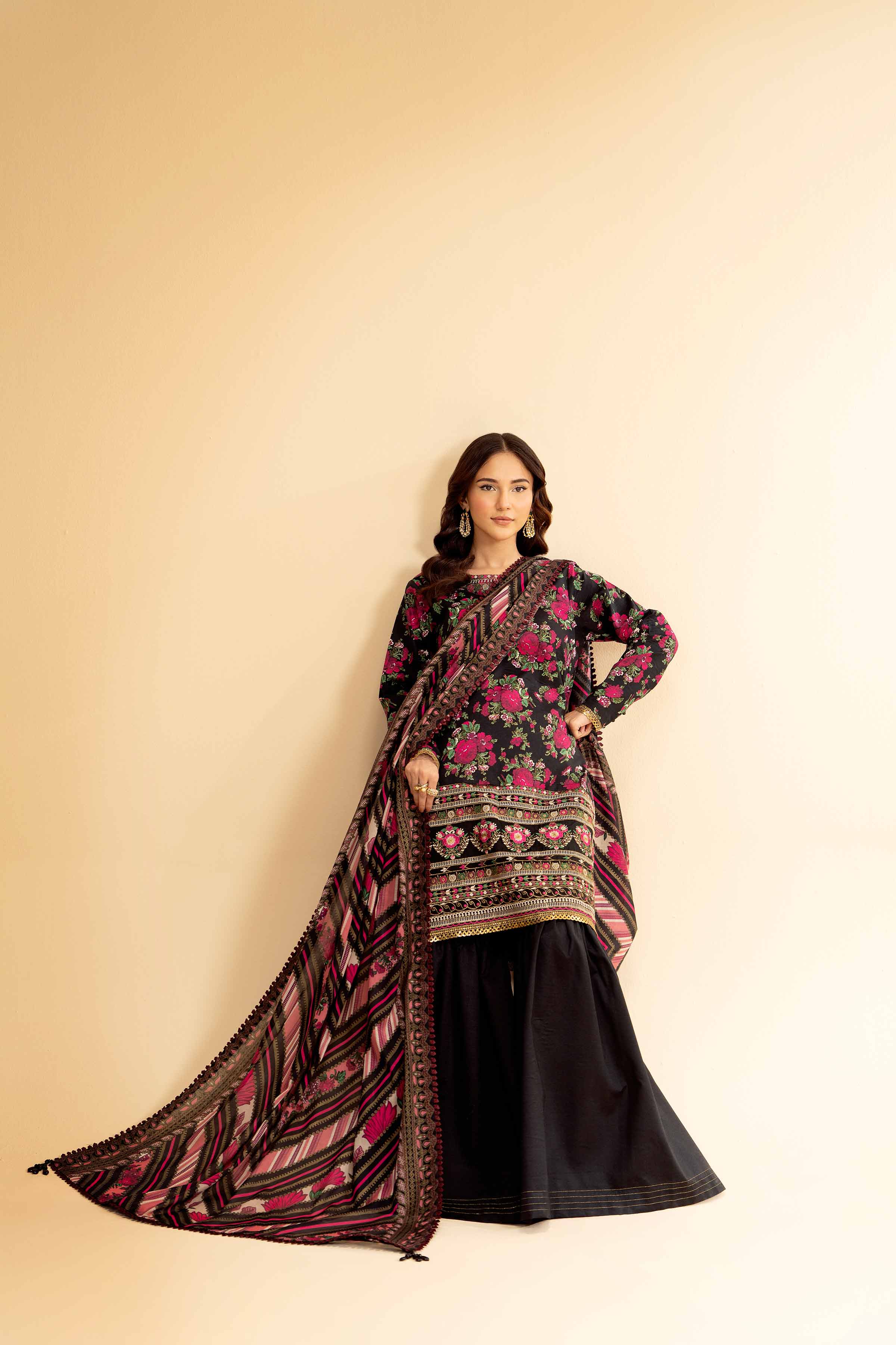 3 Piece - Gold Printed Embroidered Suit - 42501417