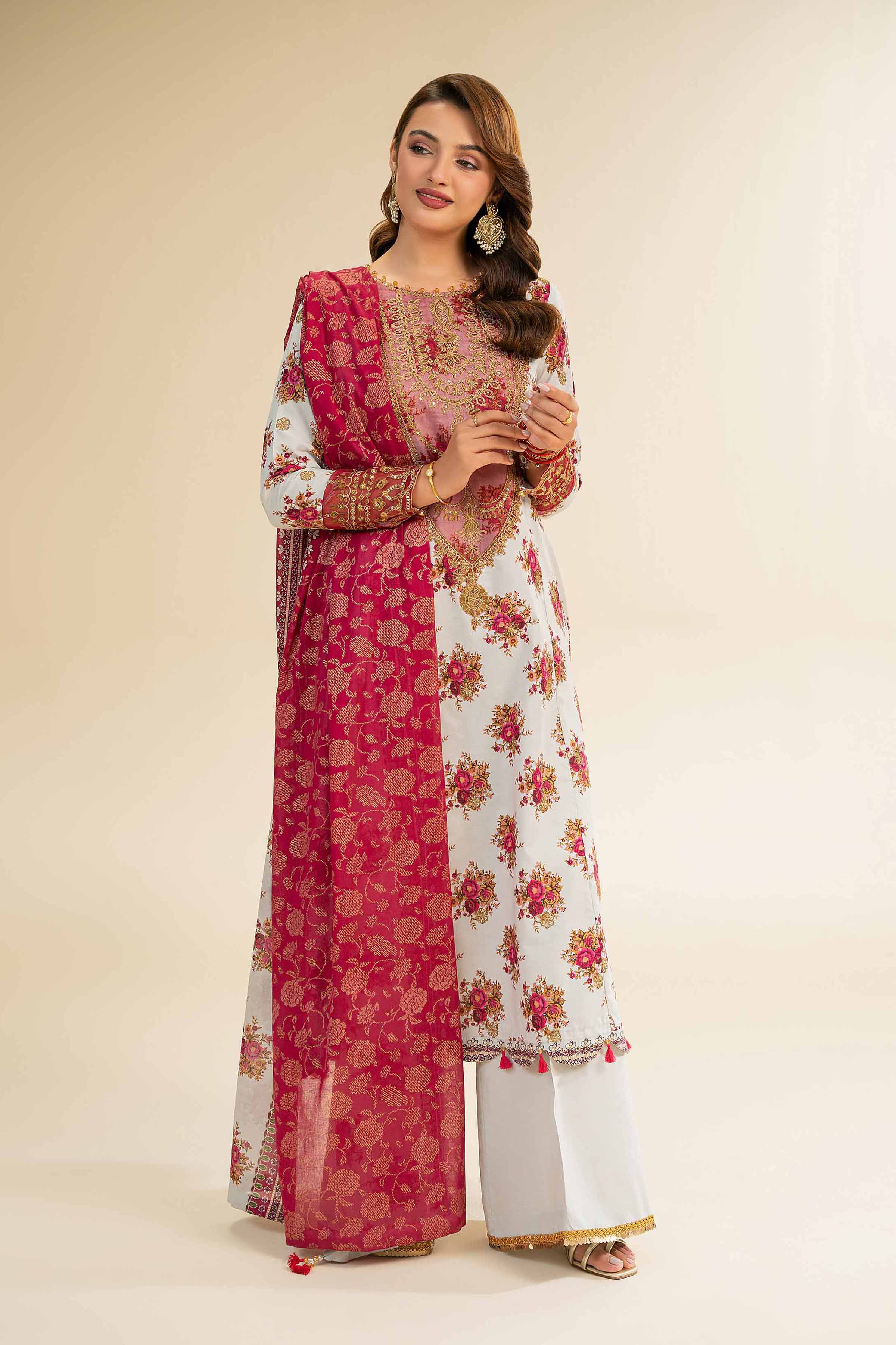 3 Piece - Gold Printed Embroidered Suit - 42501422