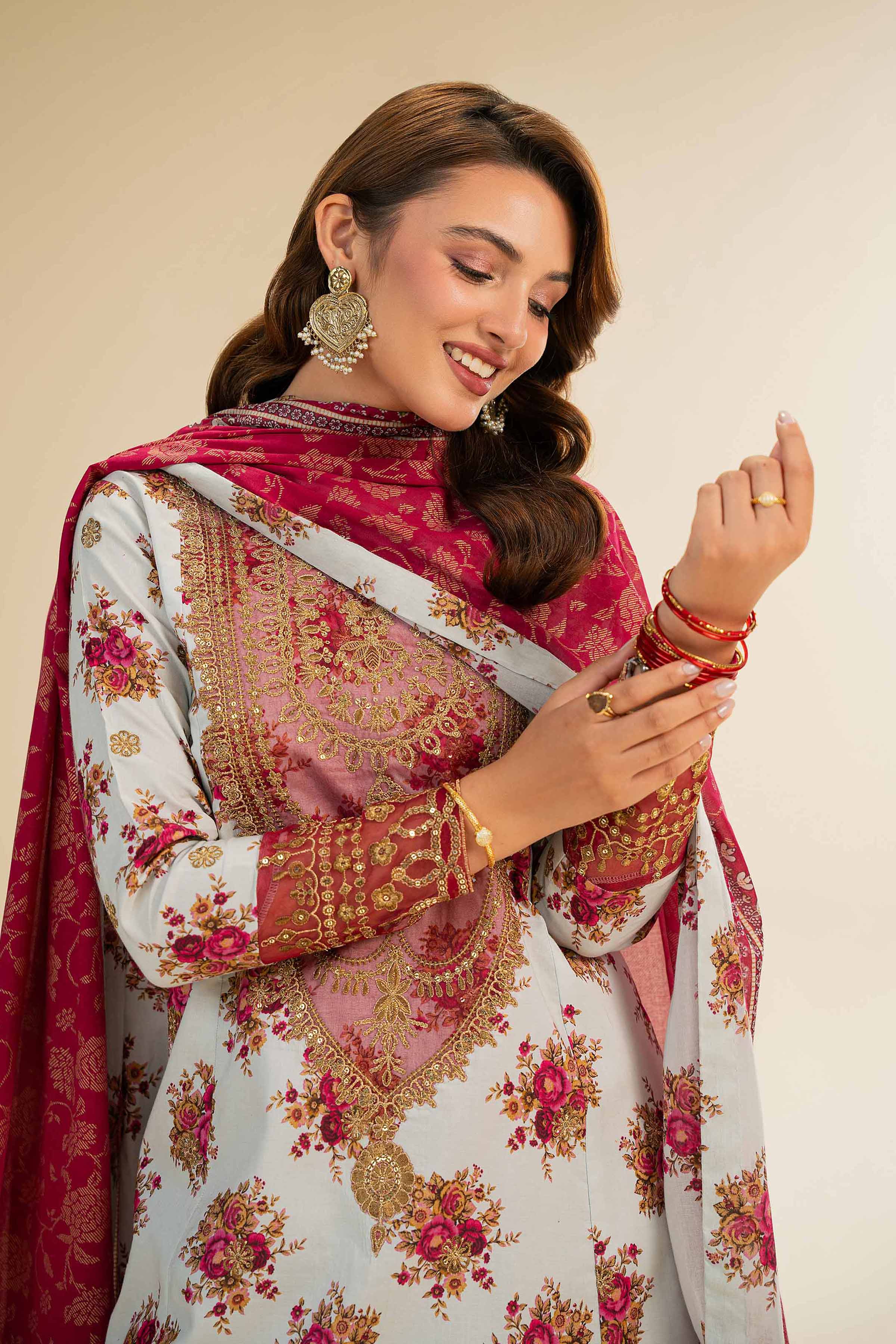 3 Piece - Gold Printed Embroidered Suit - 42501422