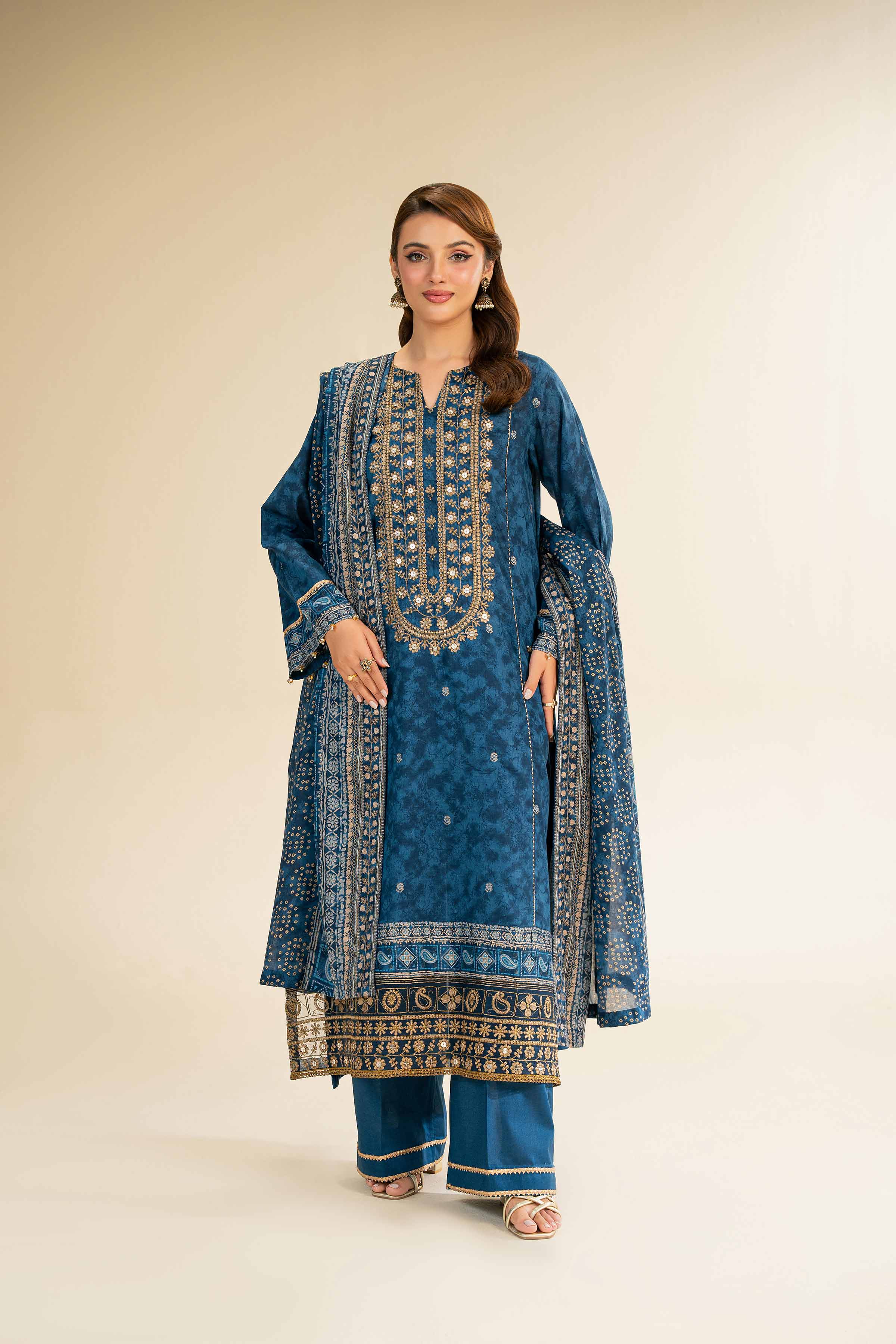 3 Piece - Gold Printed Embroidered Suit - 42501424