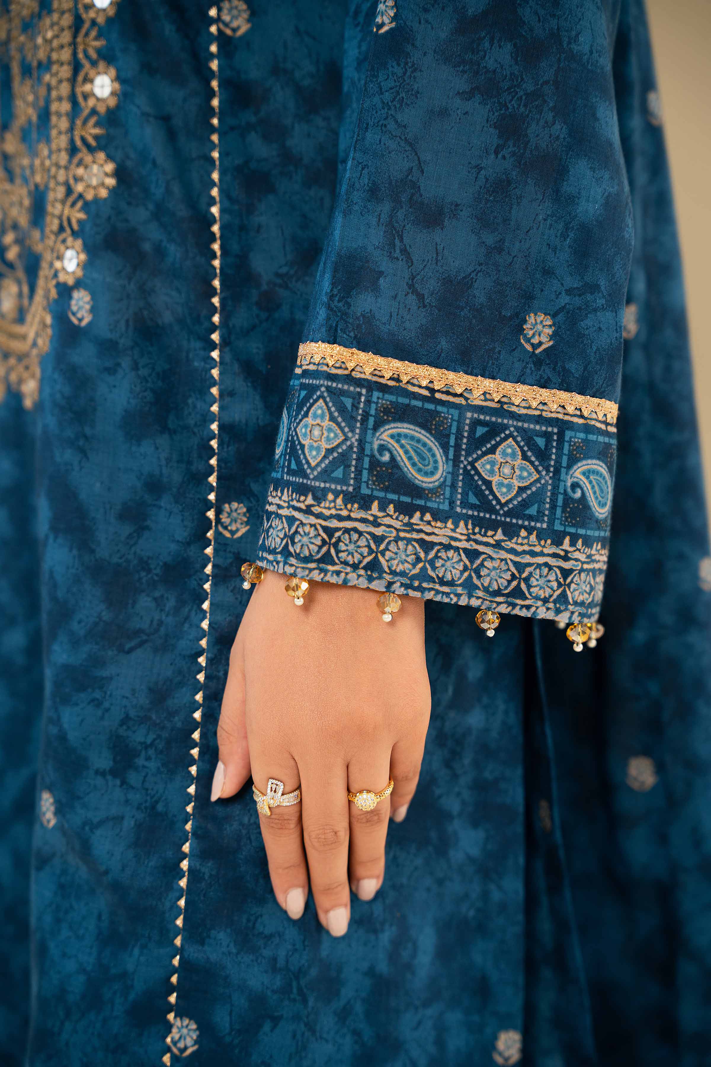 3 Piece - Gold Printed Embroidered Suit - 42501424