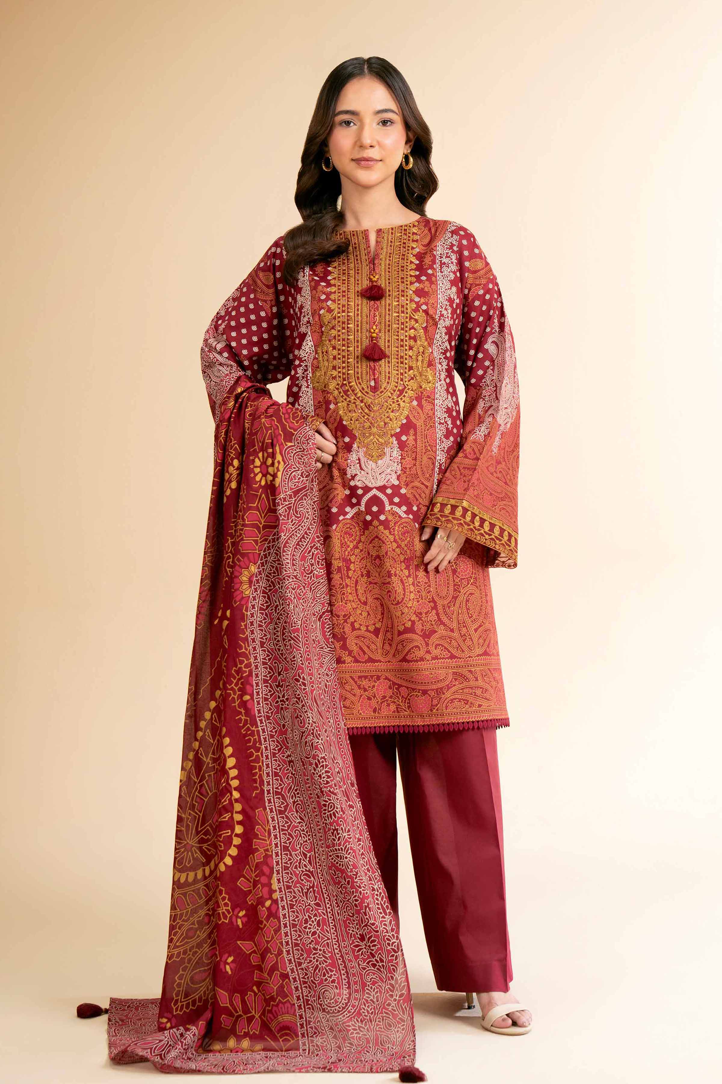 3 Piece - Flatbed Paste Embroidered Suit - 42501663