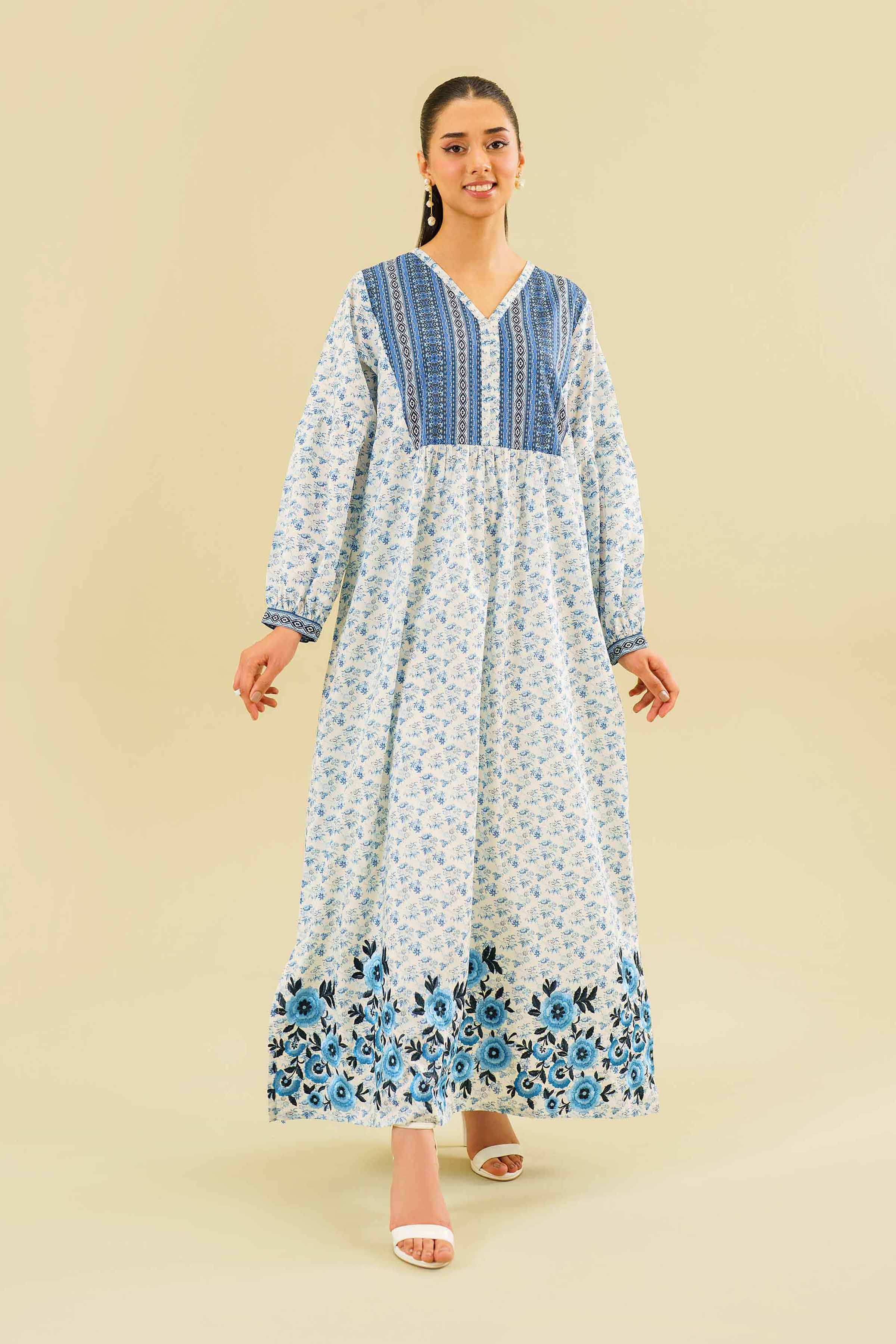 Printed Embroidered Long Dress - FE24-54