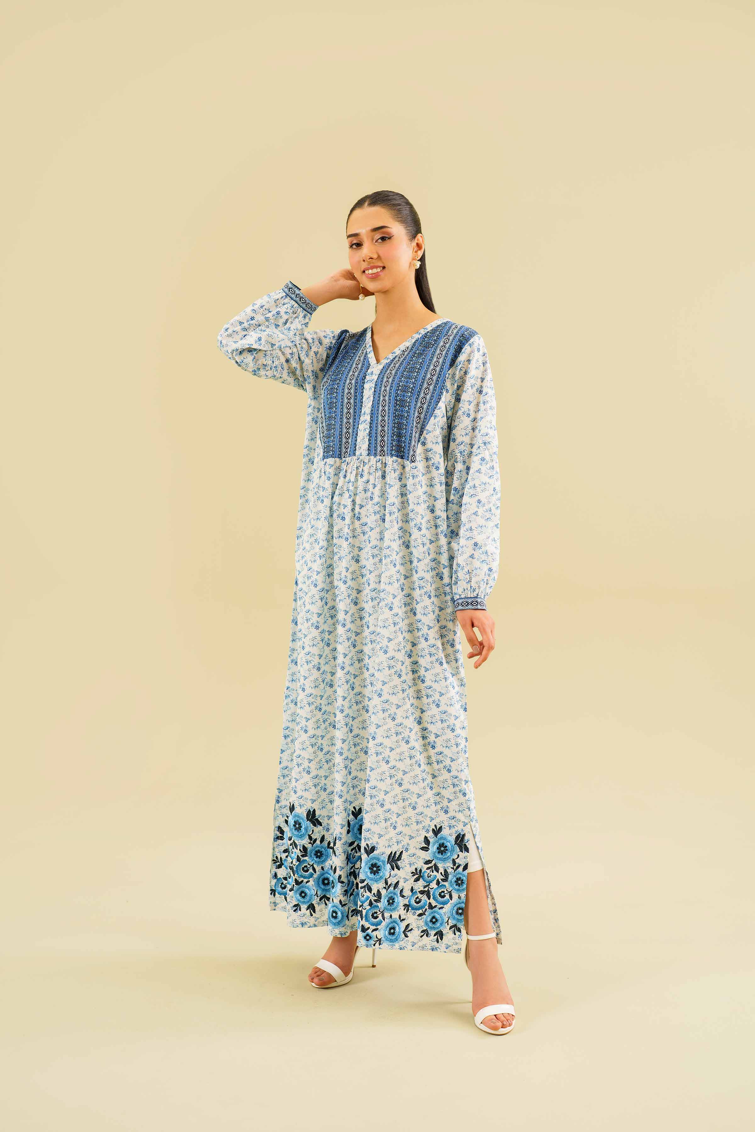 Printed Embroidered Long Dress - FE24-54