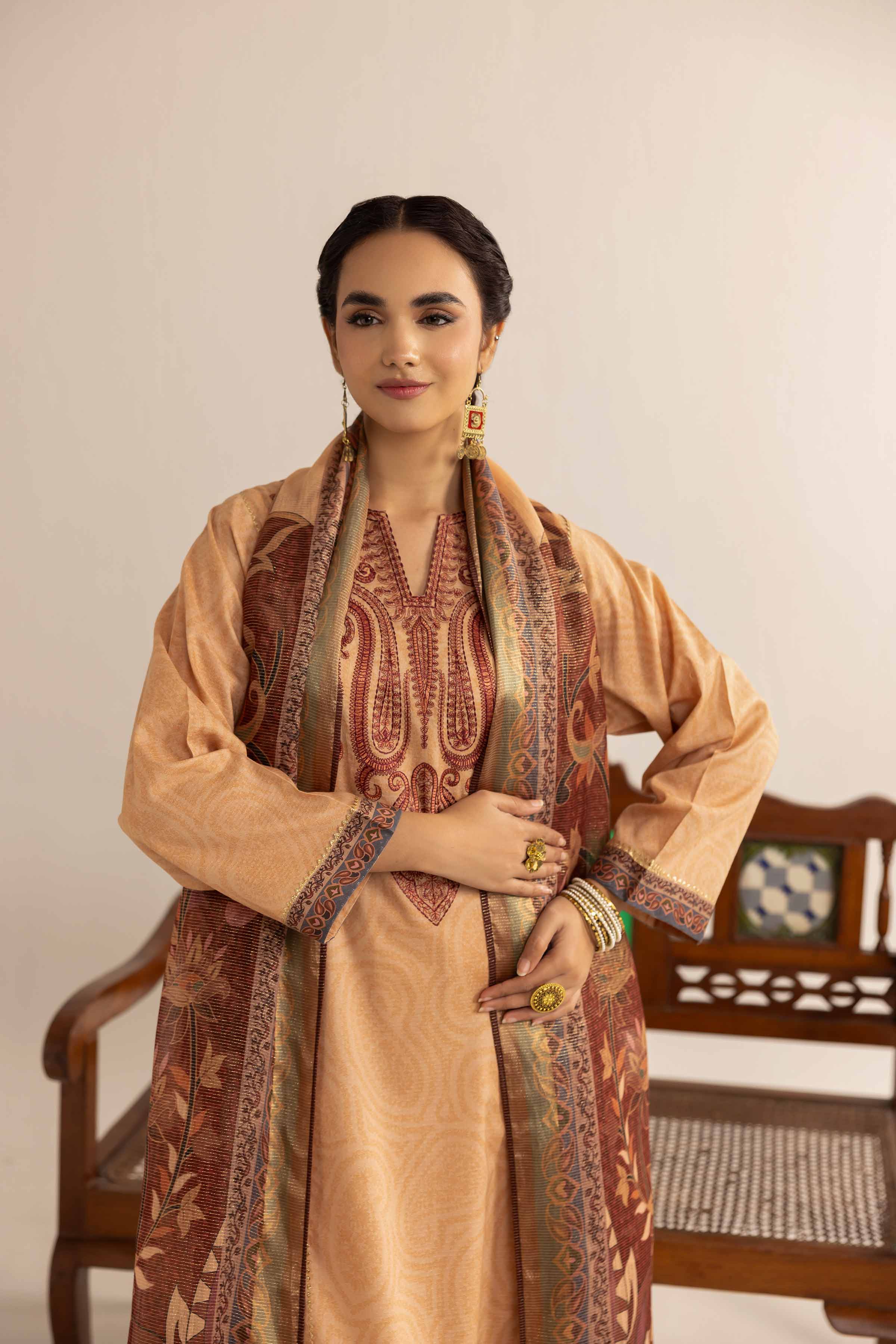 3 Piece - Printed Embroidered Suit - PE25-102
