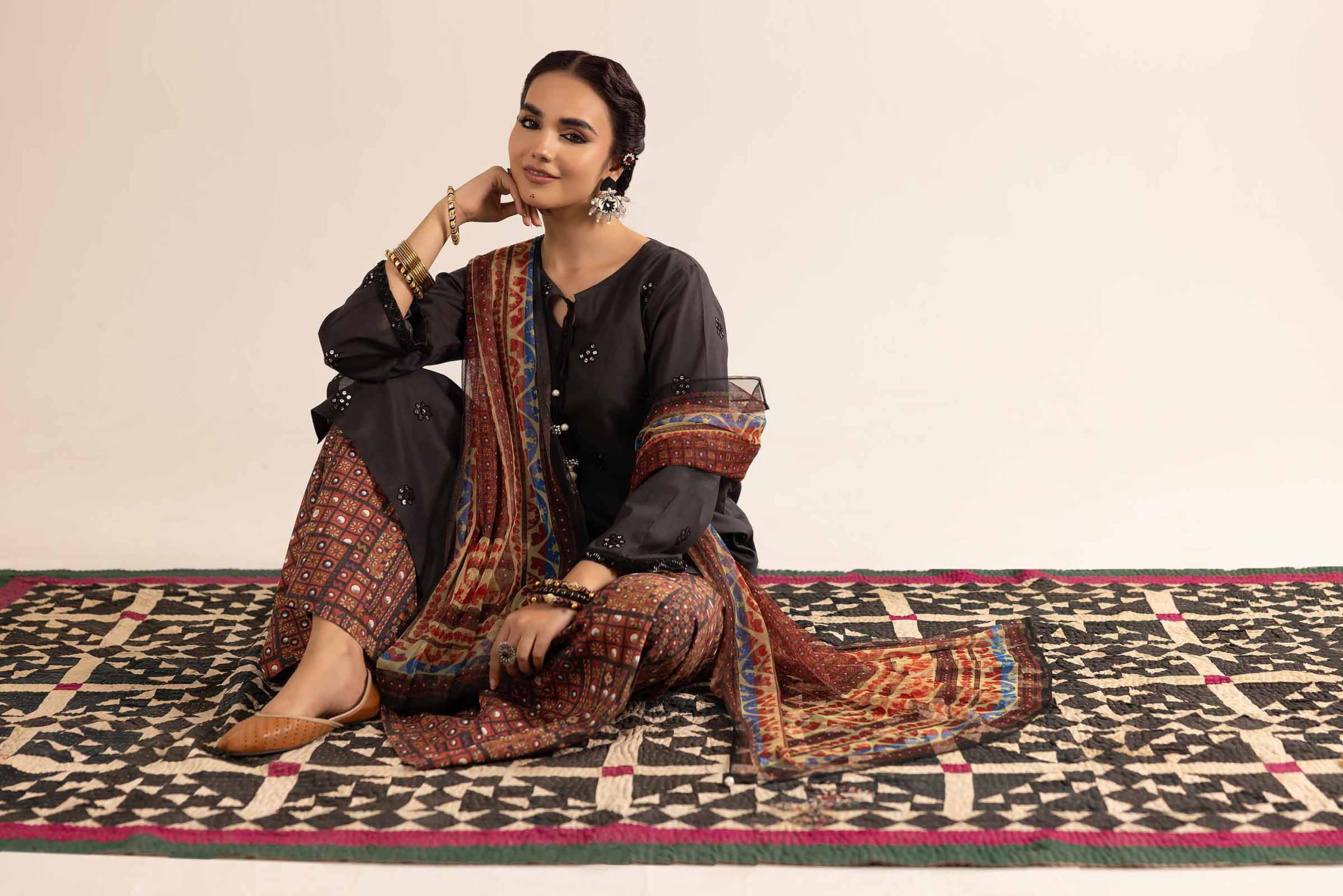 3 Piece - Printed Embroidered Suit - PE25-159