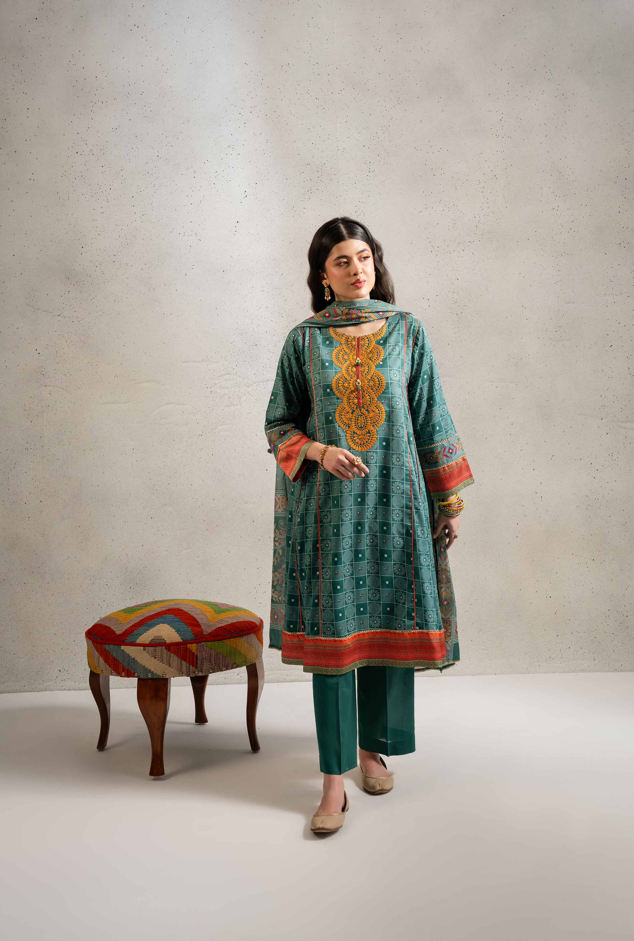 3 Piece - Printed Embroidered Suit - PE25-190