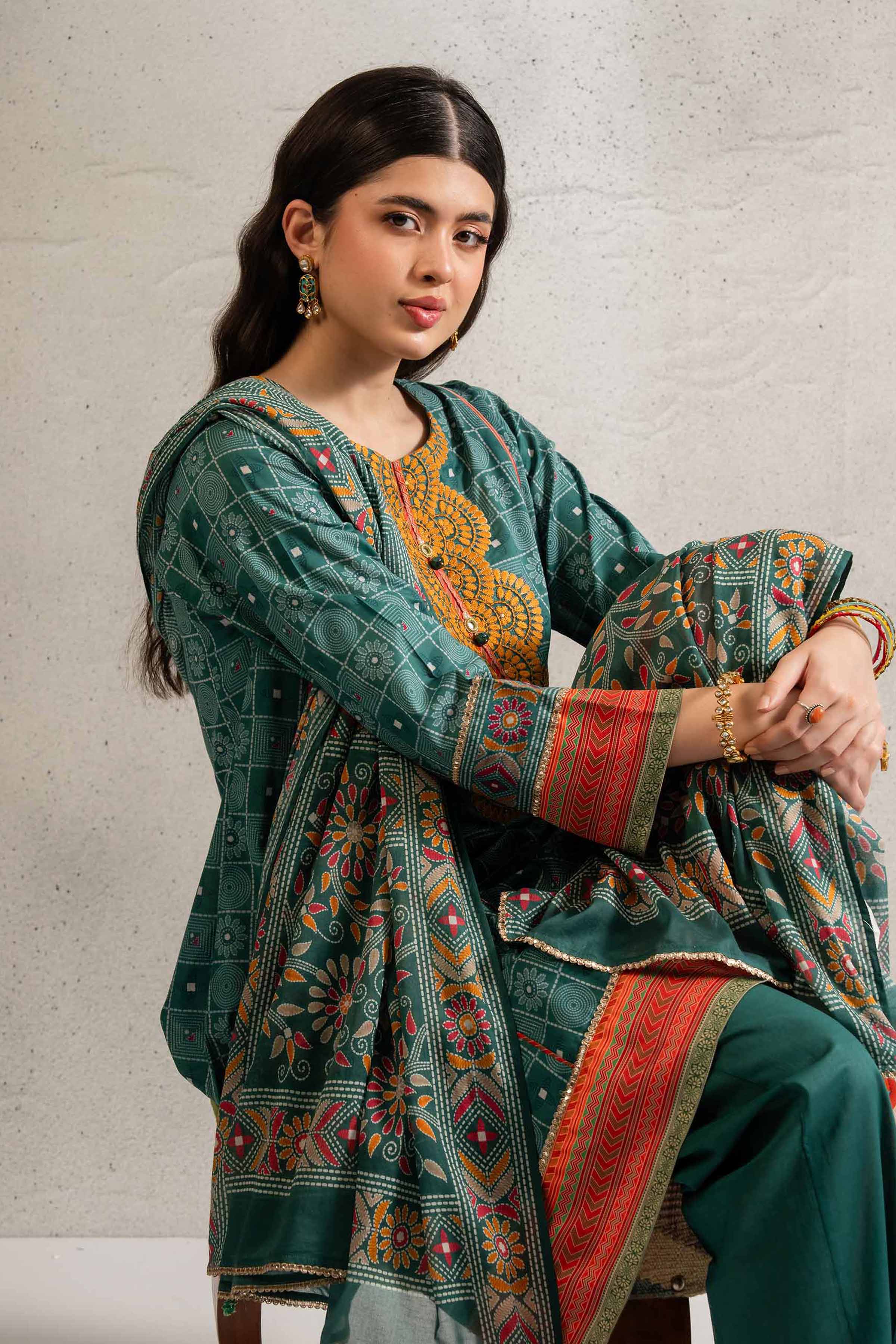 3 Piece - Printed Embroidered Suit - PE25-190