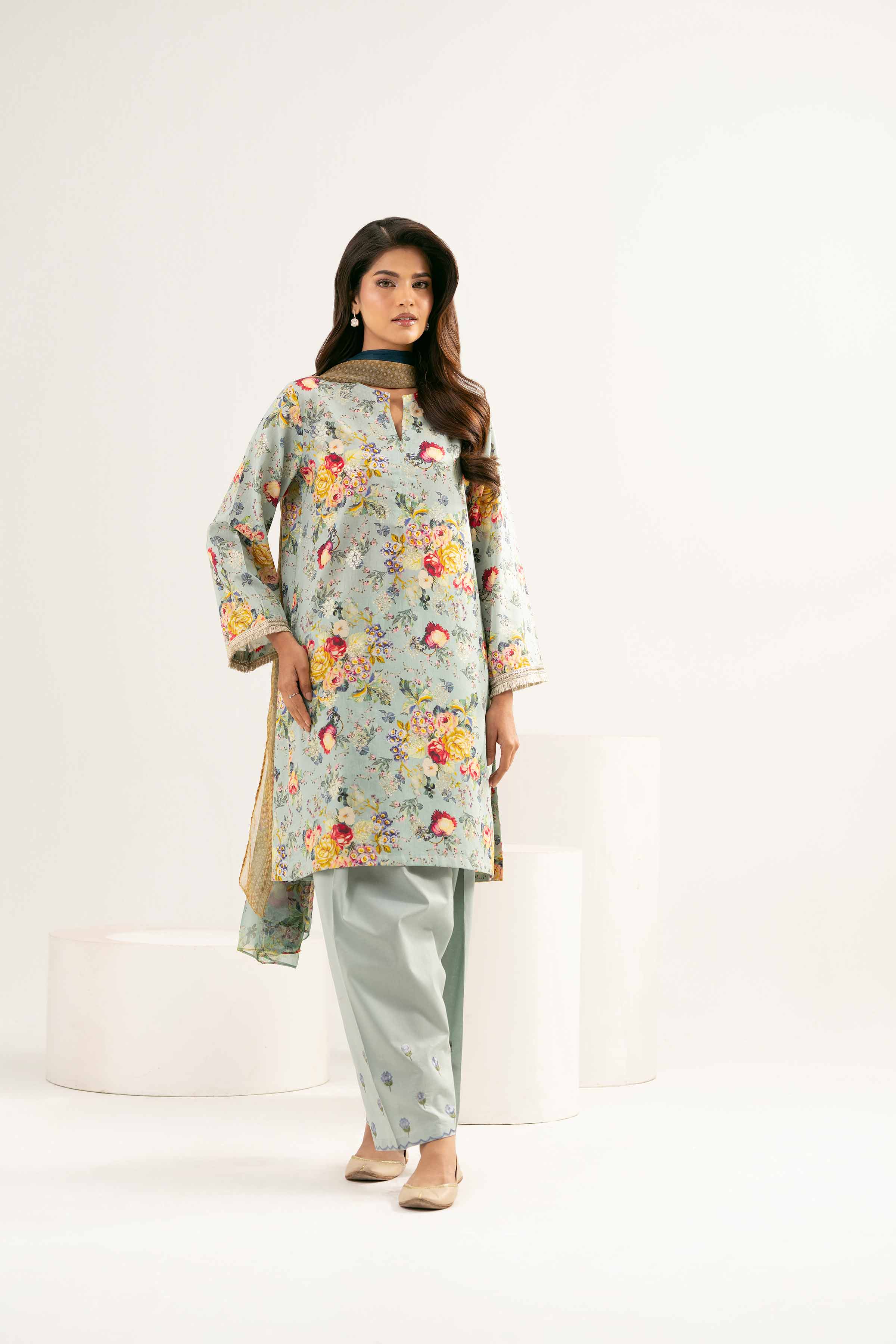 3 Piece - Printed Embroidered Suit - PE25-449