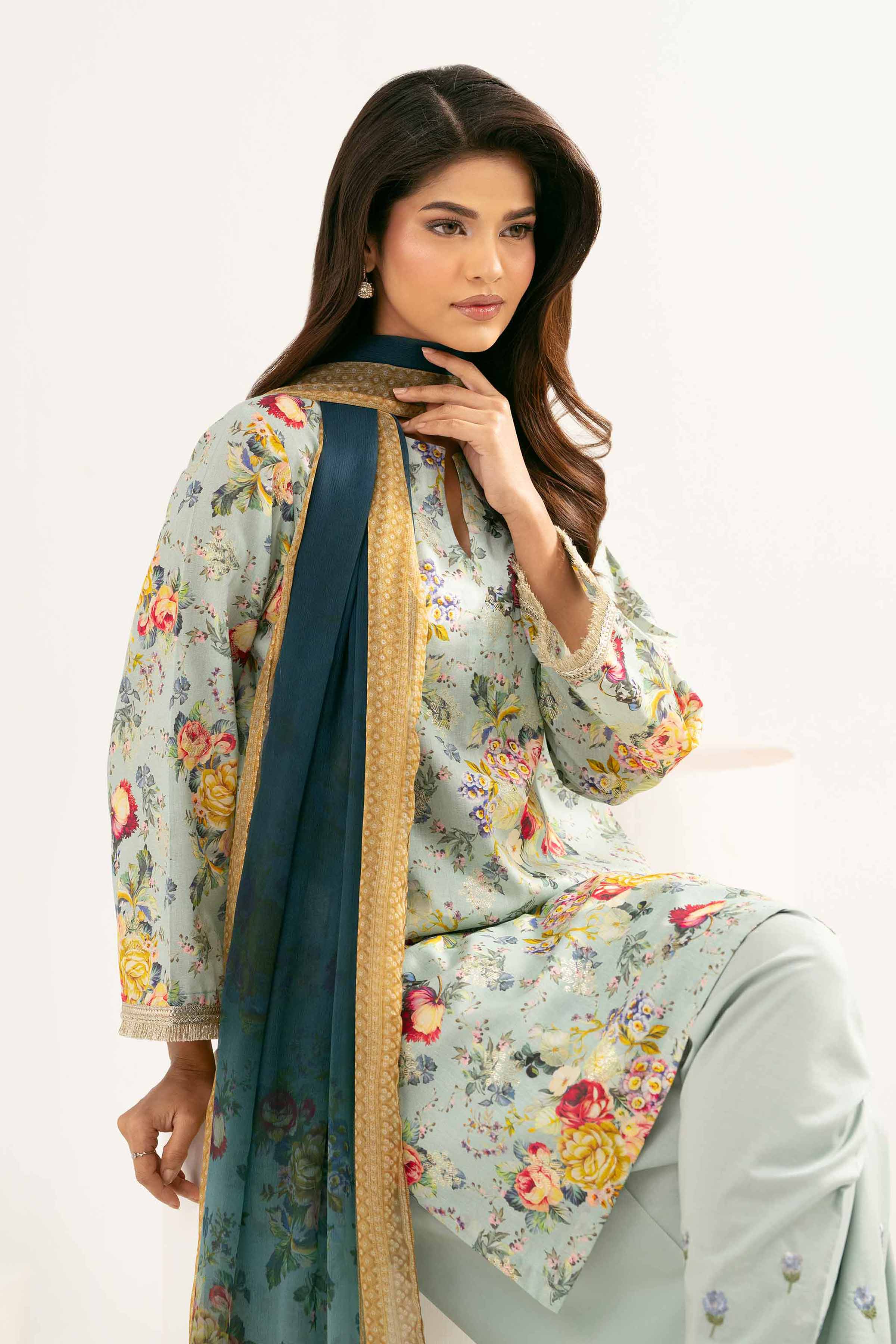3 Piece - Printed Embroidered Suit - PE25-449