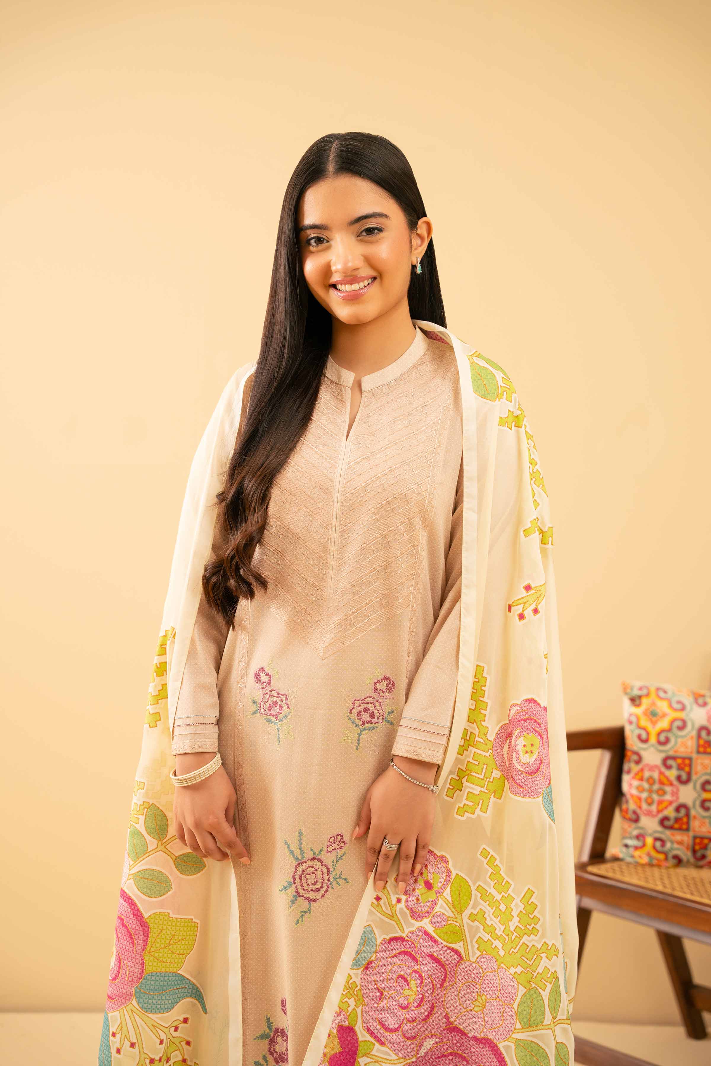 3 Piece - Printed Embroidered Suit - PE25-487
