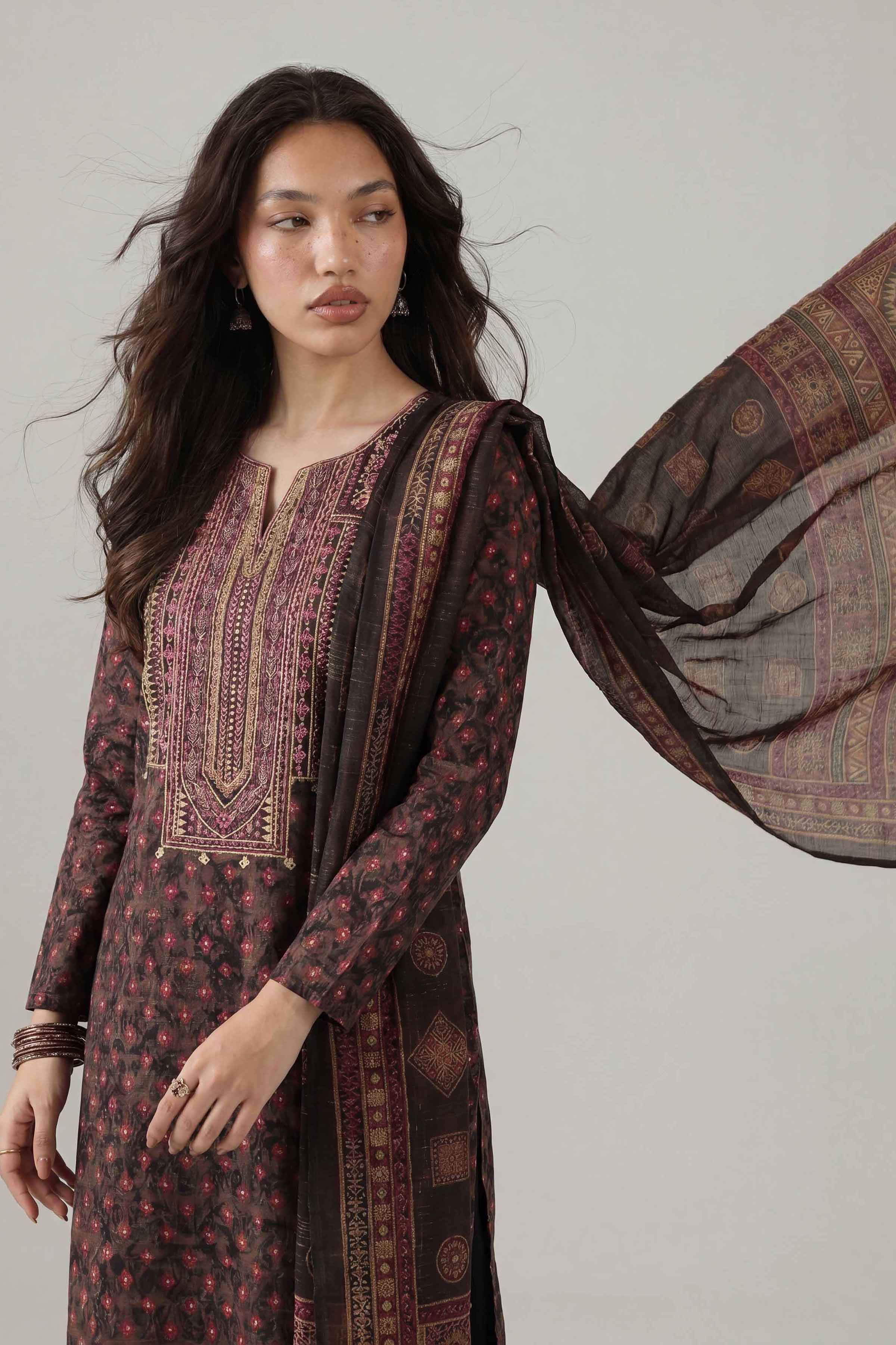 3 Piece - Printed Embroidered Suit - PE26-333