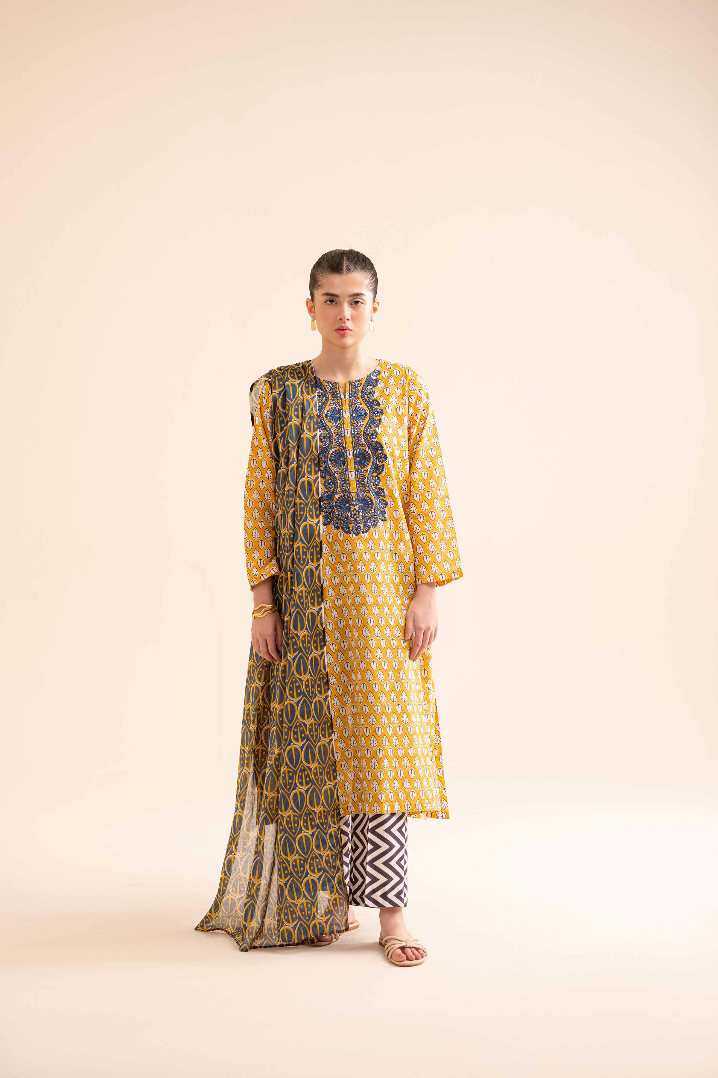 3 Piece - Printed Embroidered Suit - PS24-257