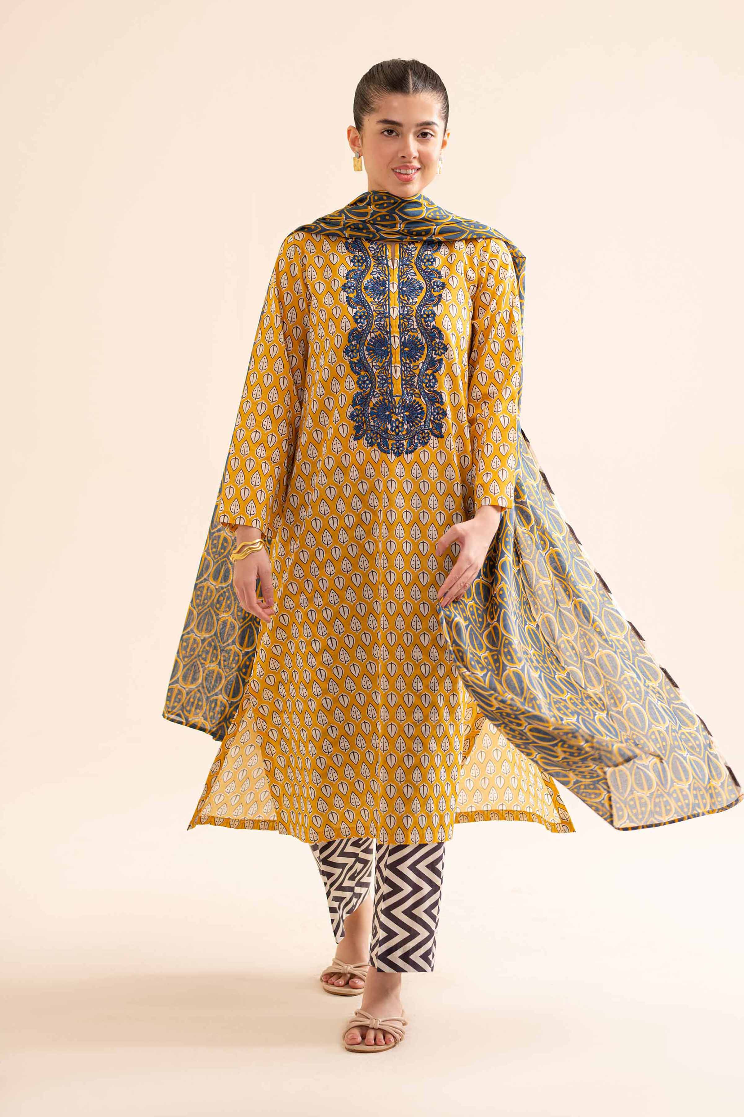 3 Piece - Printed Embroidered Suit - PS24-257