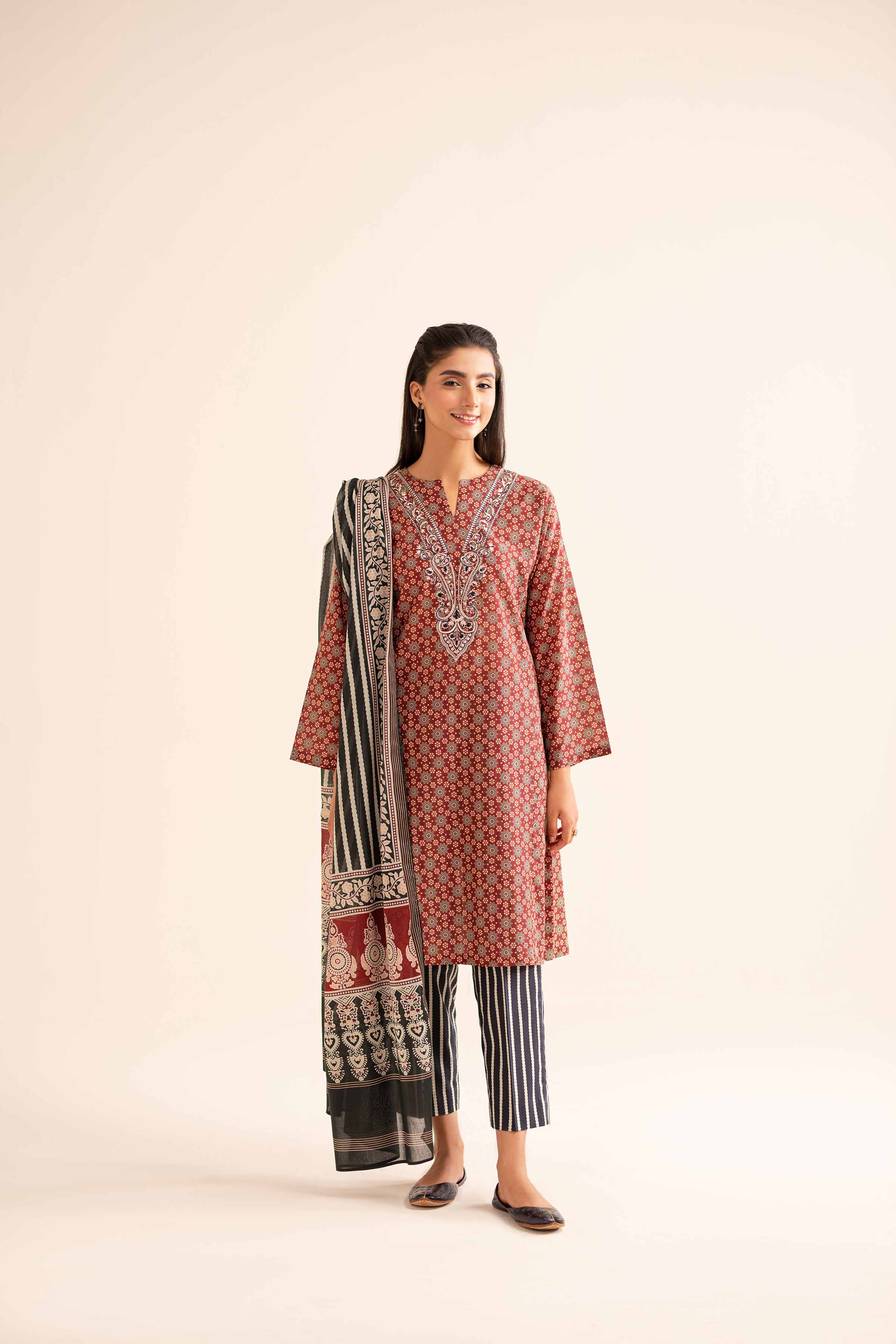 3 Piece - Printed Embroidered Suit - PS24-276