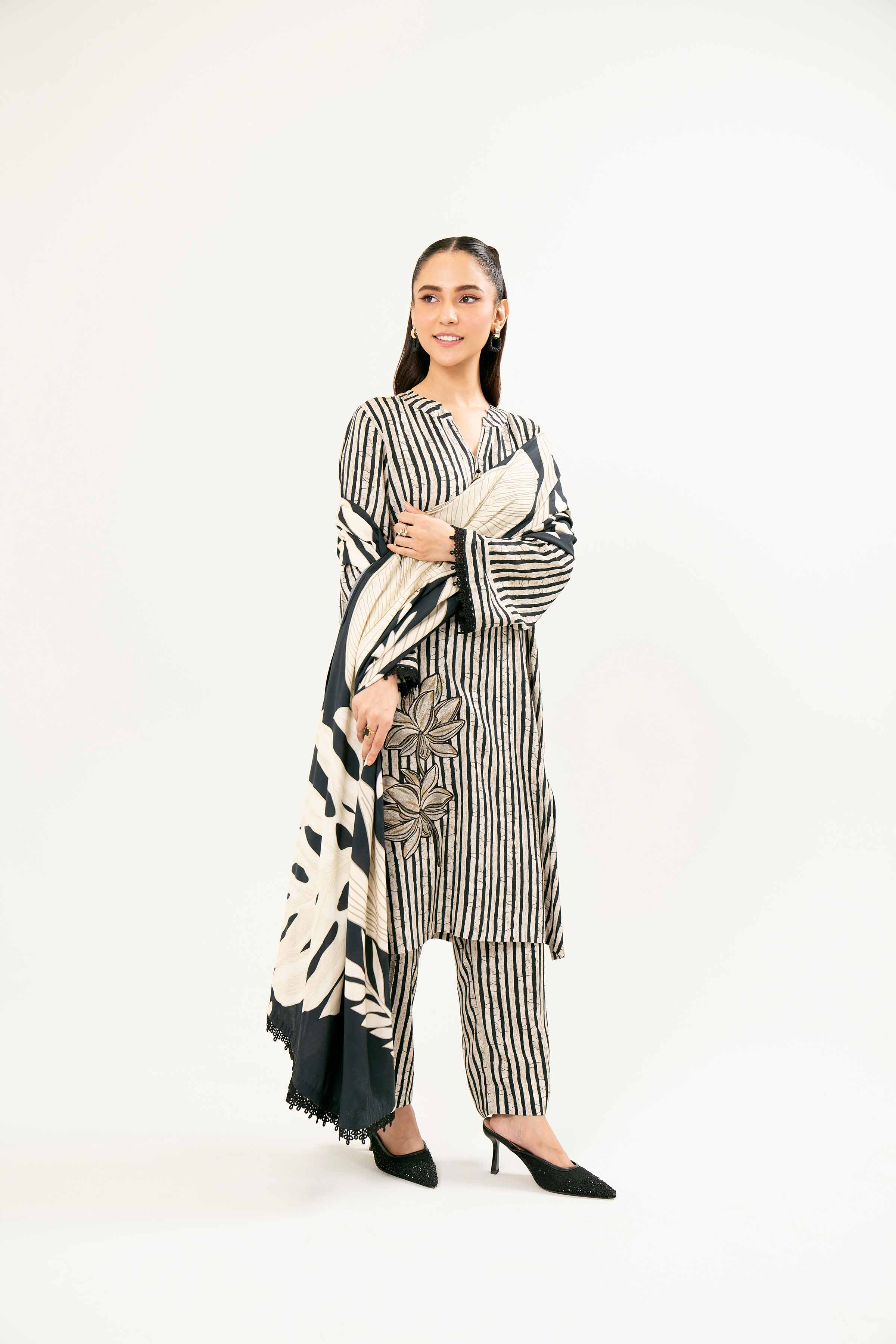 3 Piece - Printed Embroidered Suit - PW24-127