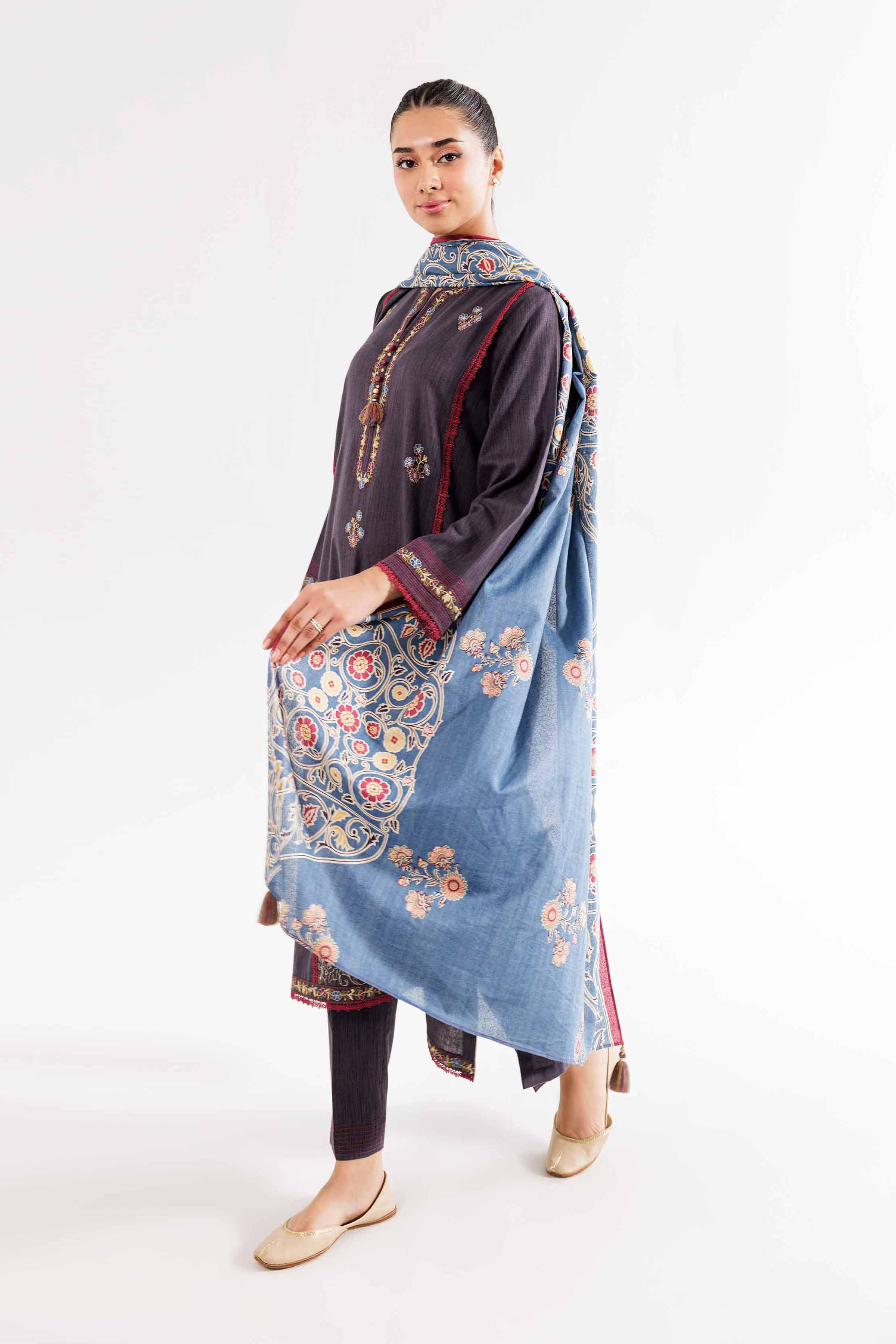 3 Piece - Printed Embroidered Suit - PW24-362