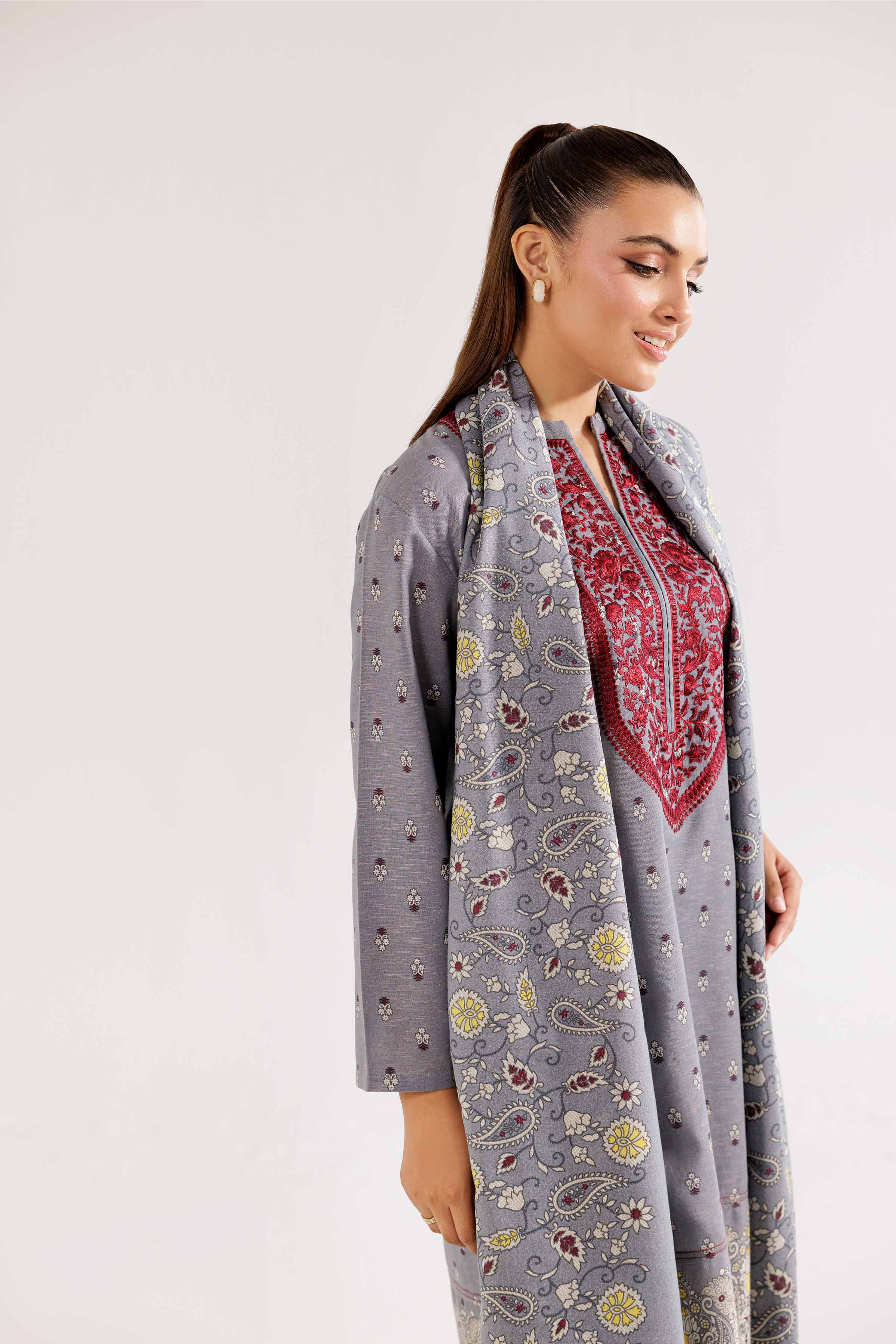 3 Piece - Printed Embroidered Suit - PW24-386