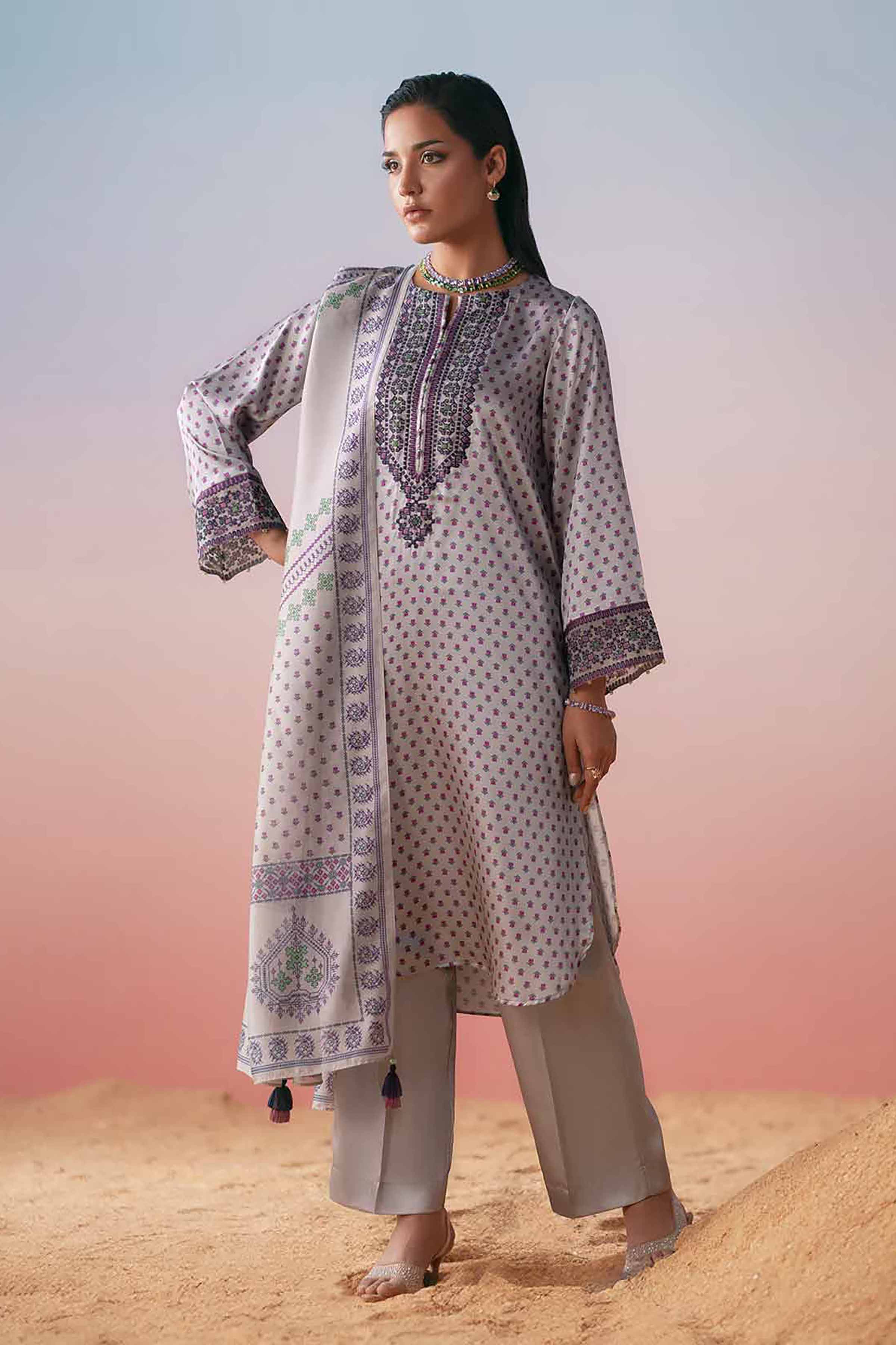 3 Piece - Printed Embroidered Suit - PW25-409