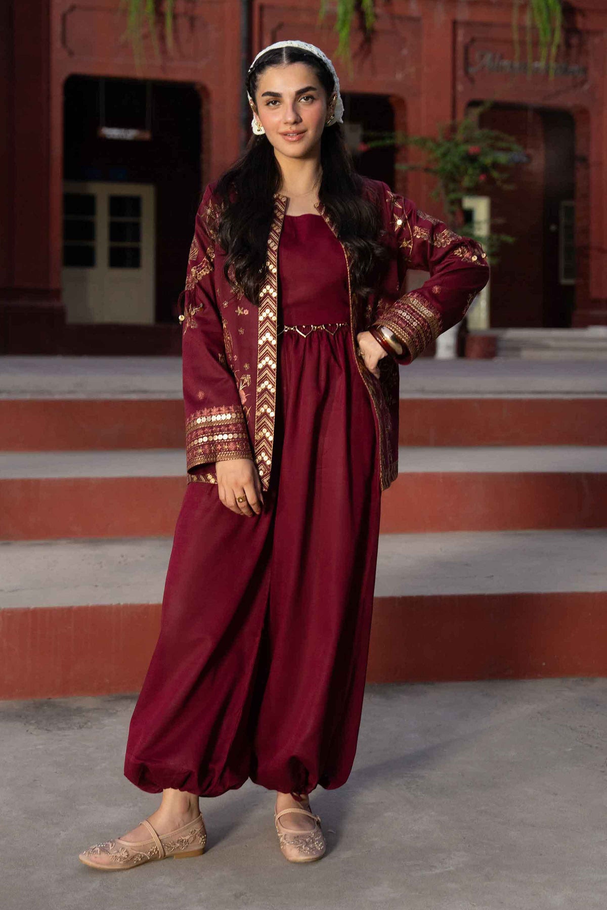 Shop red embroidered karandi jacket - front view | Nishat USA
