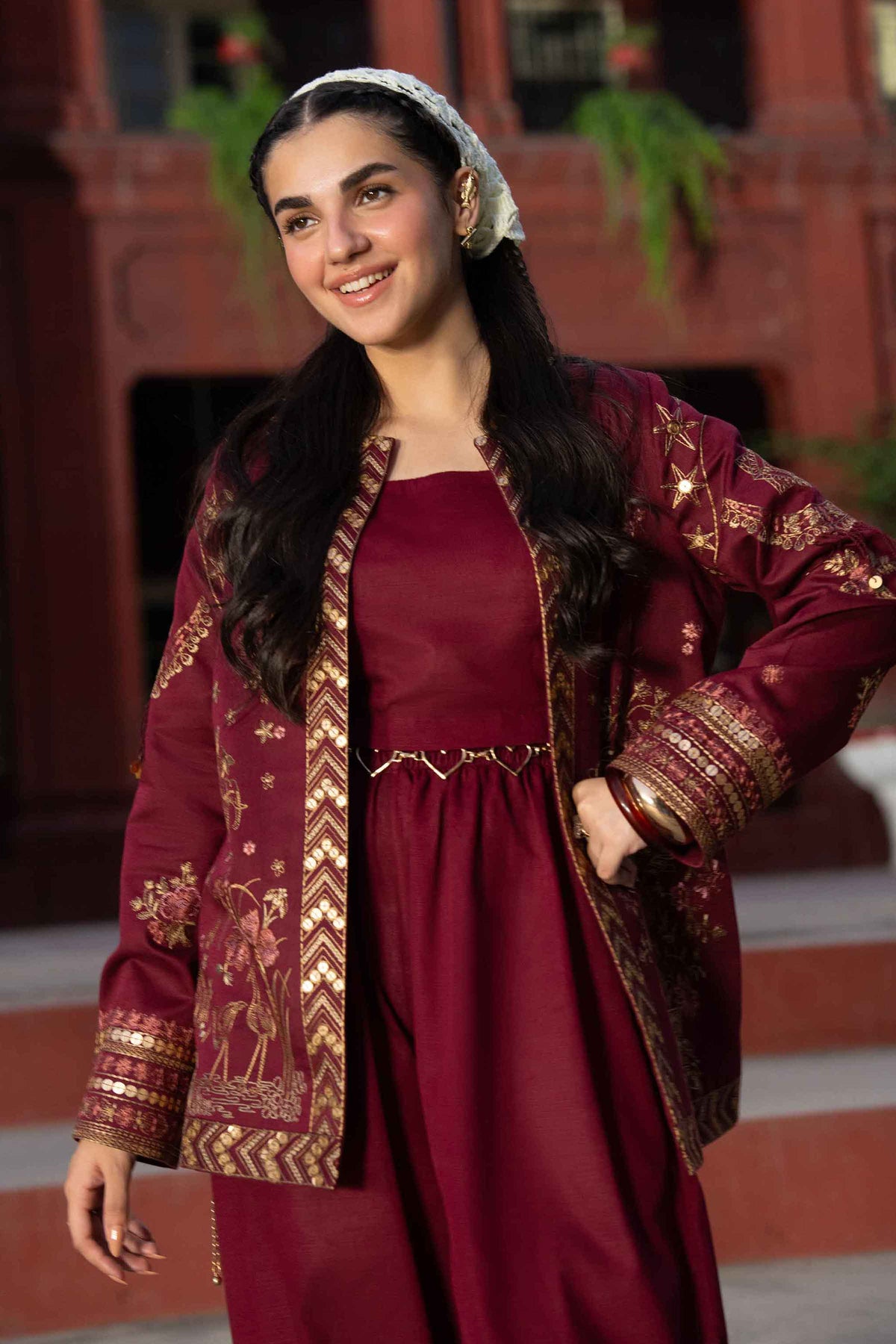Buy red embroidered karandi jacket - back view | Nishat USA