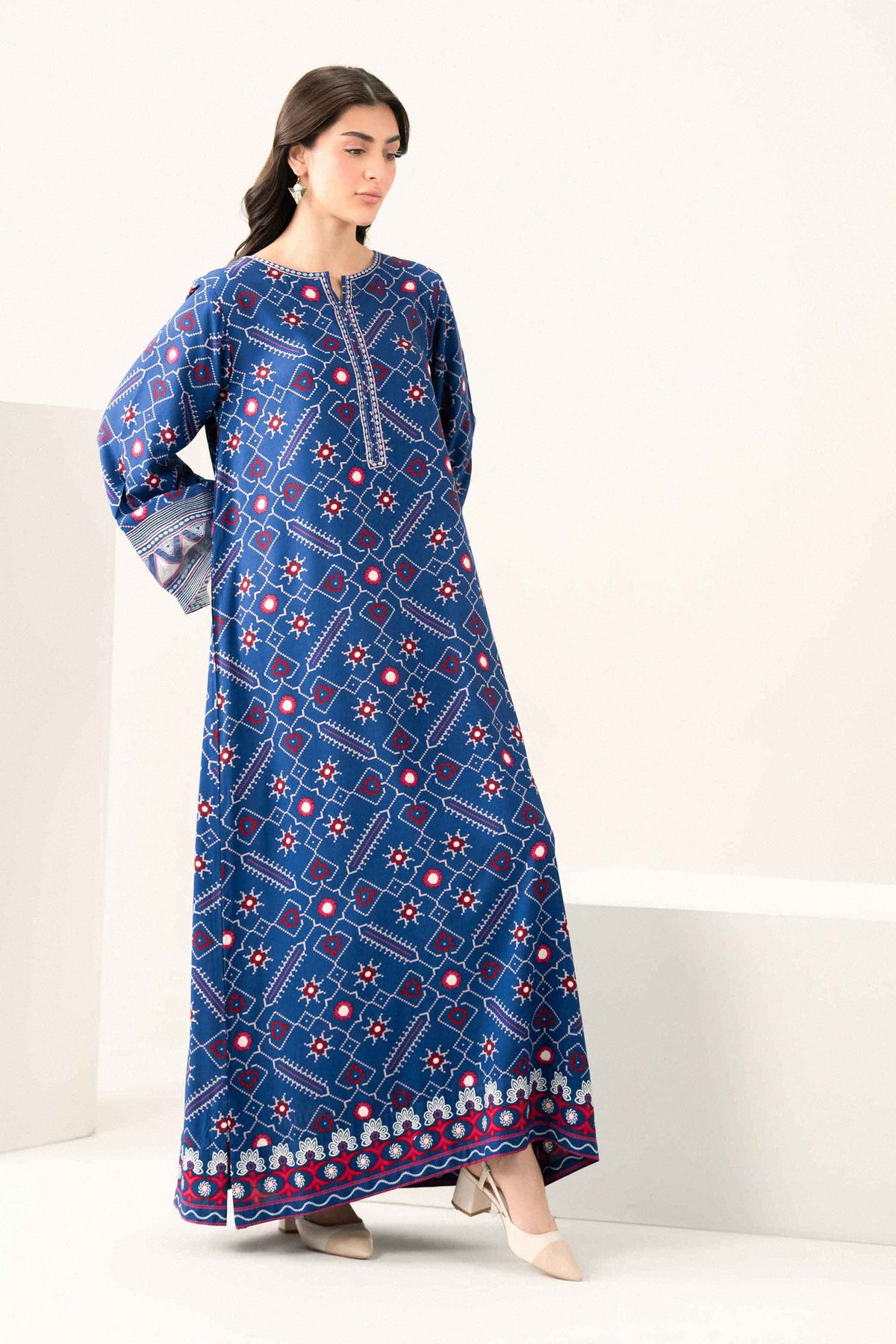 Buy blue printed embroidered viscose dress - side view | Nishat USA
