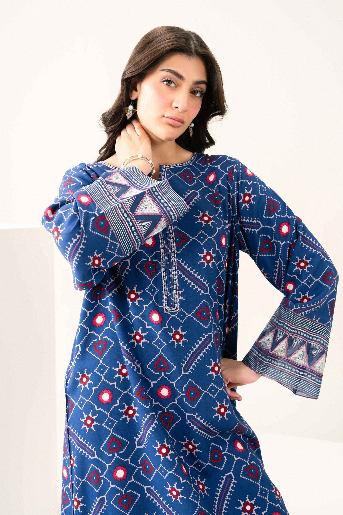 Shop blue printed embroidered viscose dress - back view | Nishat USA
