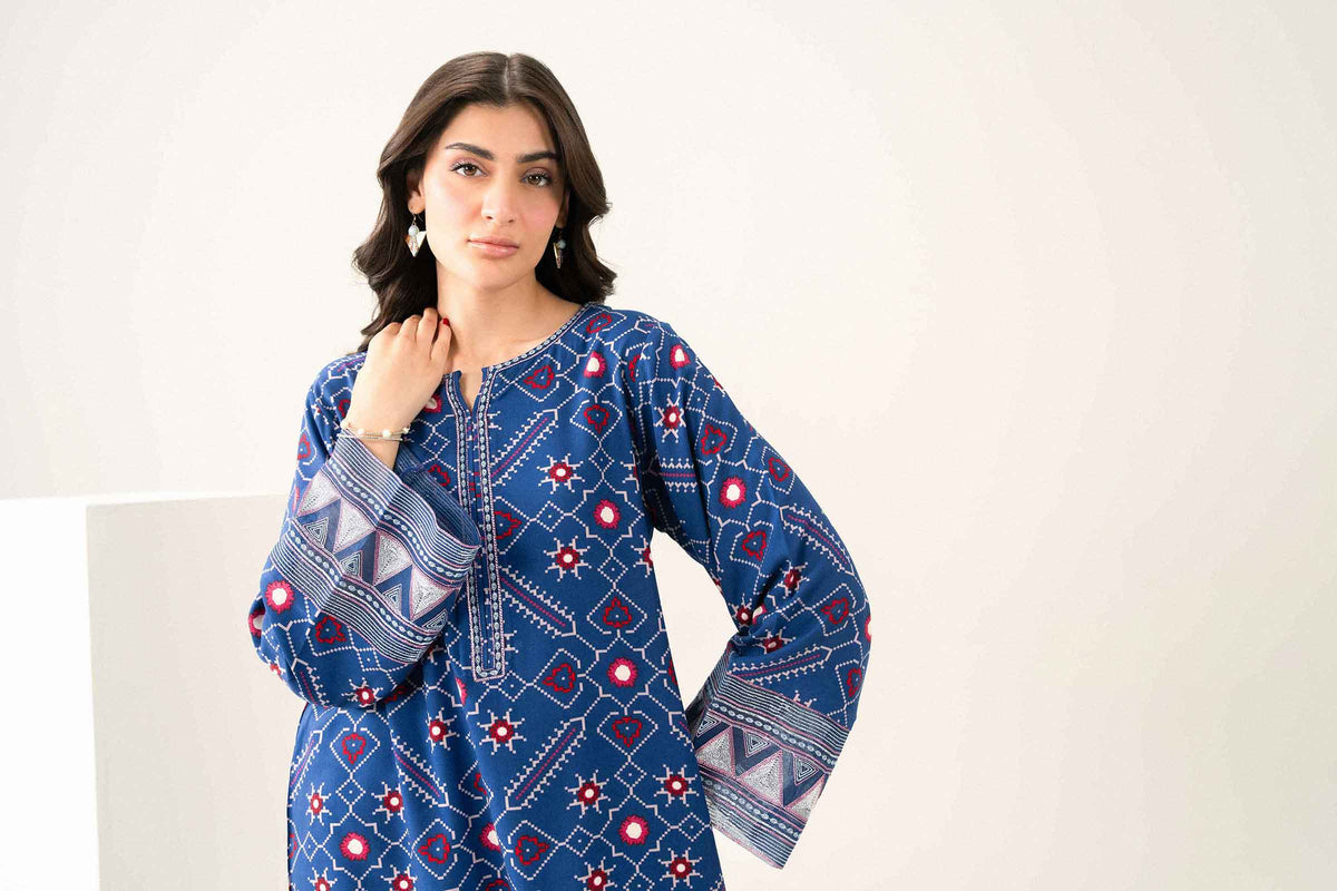 Buy blue printed embroidered viscose dress - print and embroidery close-up | Nishat USA