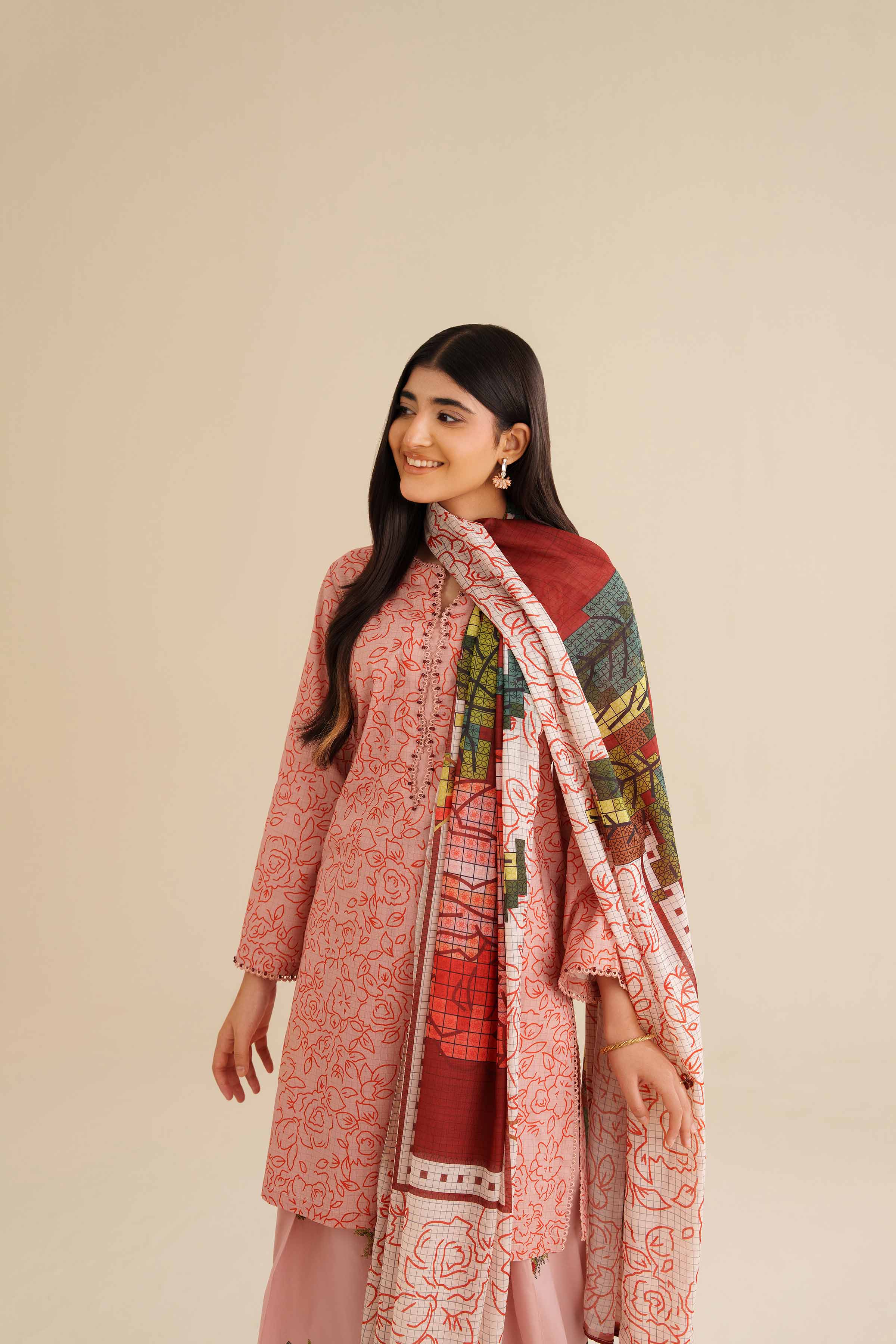 3 Piece - Printed Embroidered Suit - PW25-418