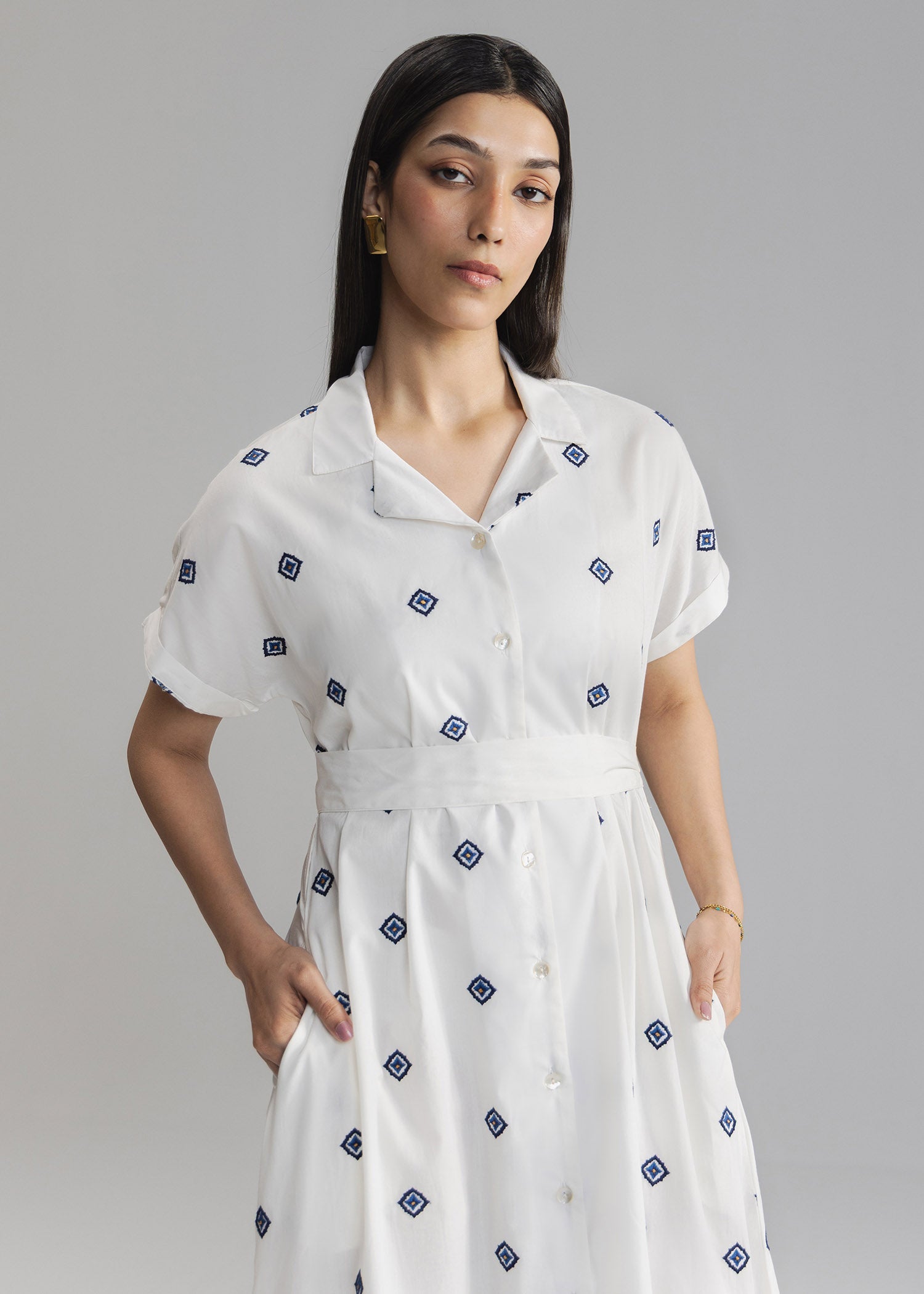 Embroidered Button Down Dress- WS26-39