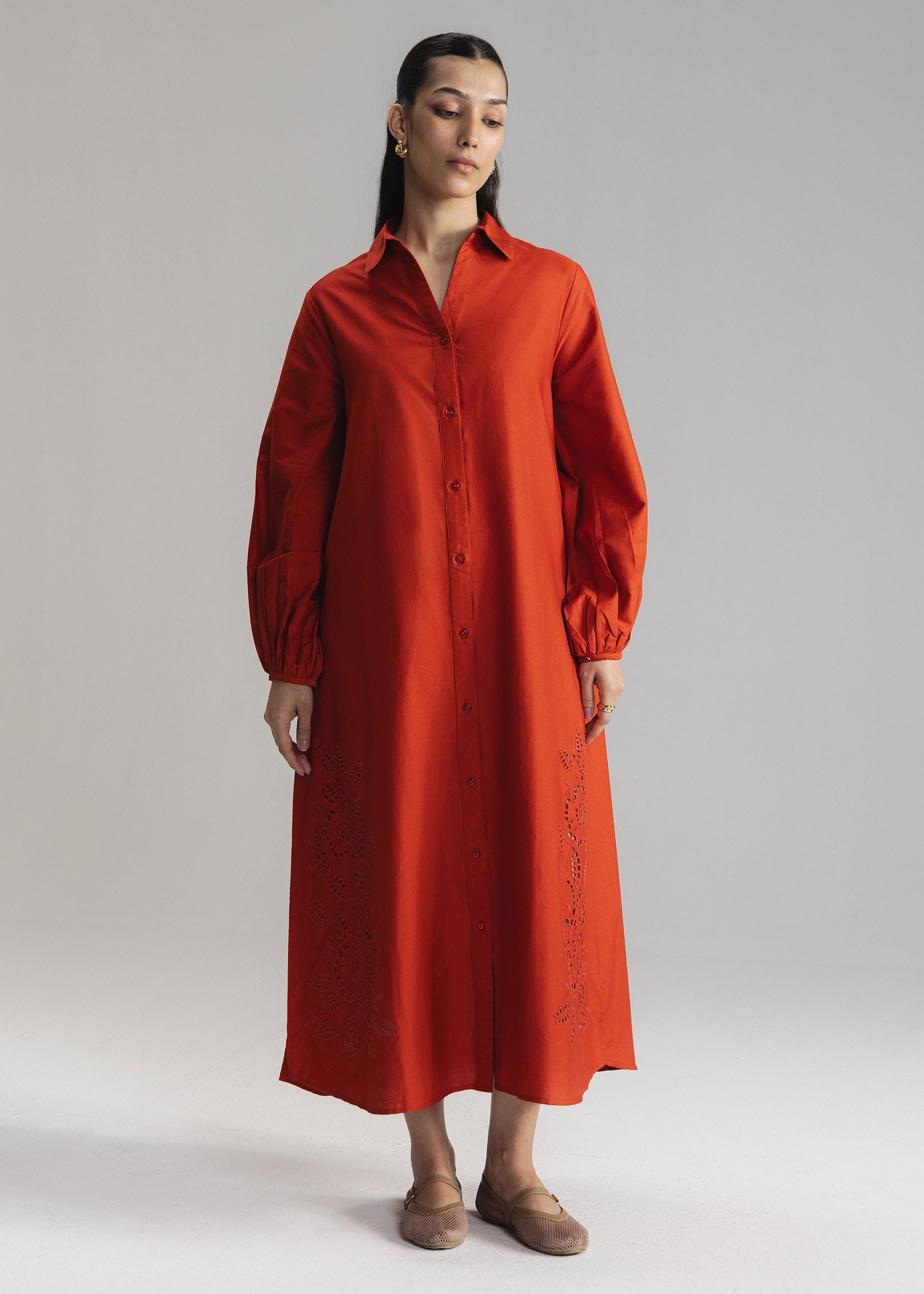 Schiffli Button Down Long Dress- WS26-41