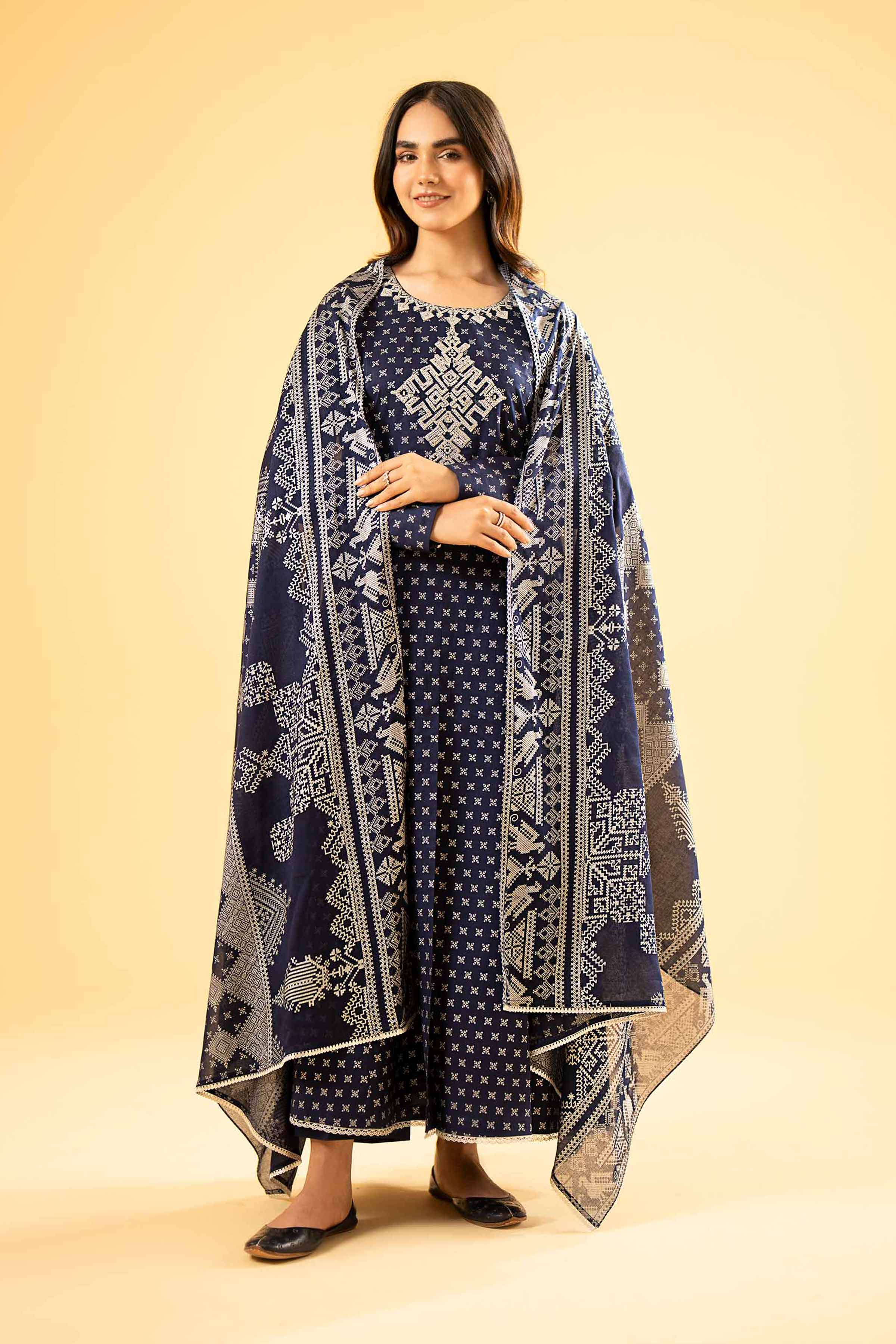 3 Piece - Silver Printed Embroidered Suit - 42401862