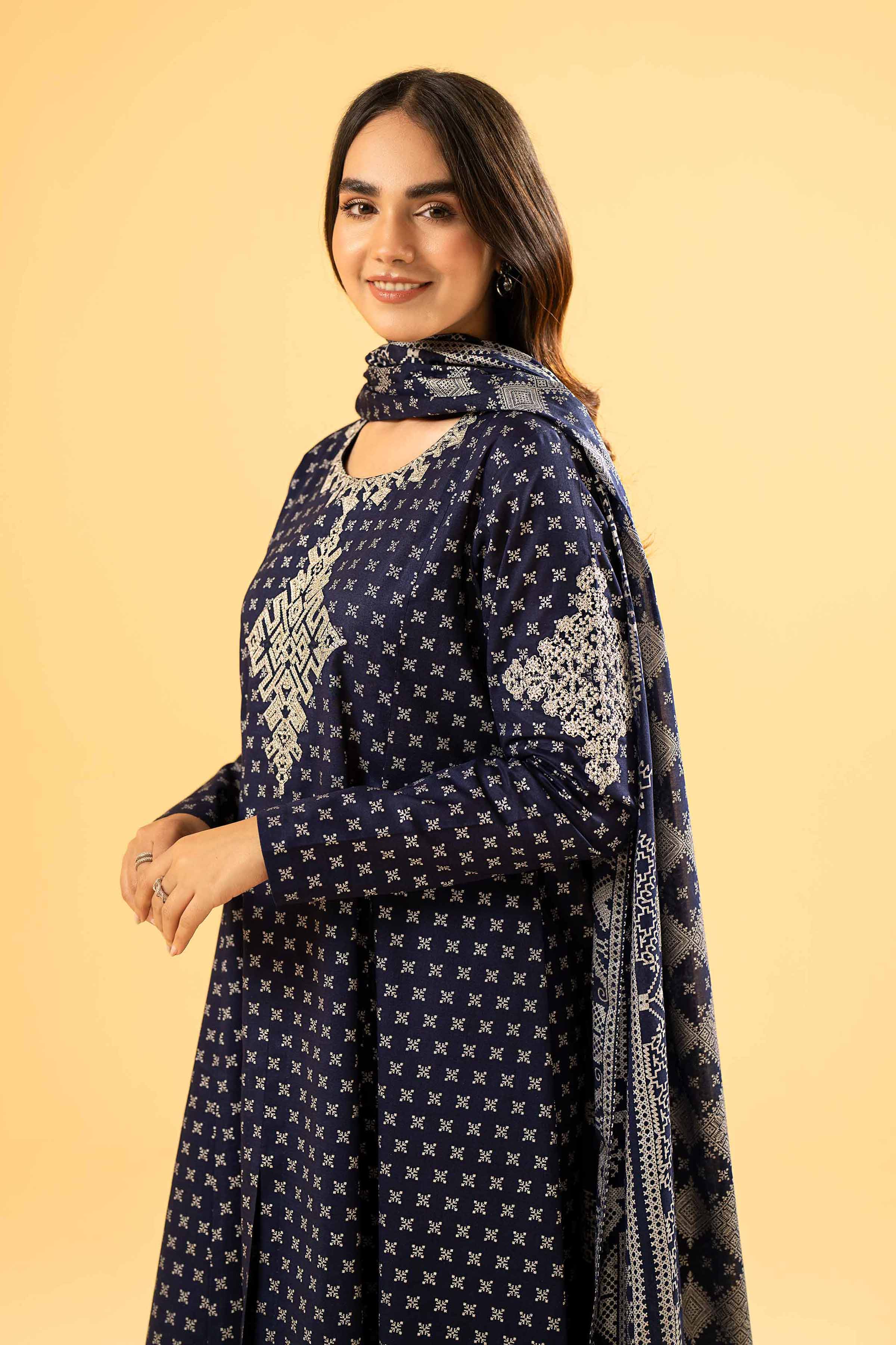 3 Piece - Silver Printed Embroidered Suit - 42401862