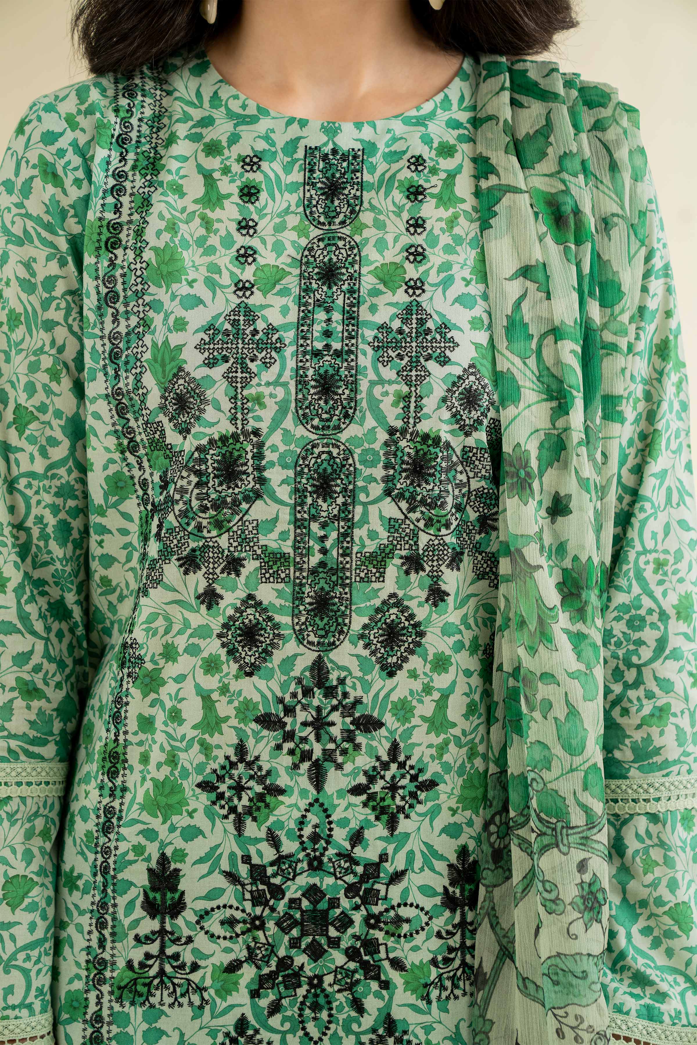 3 Piece - Printed Embroidered Suit - 42501082