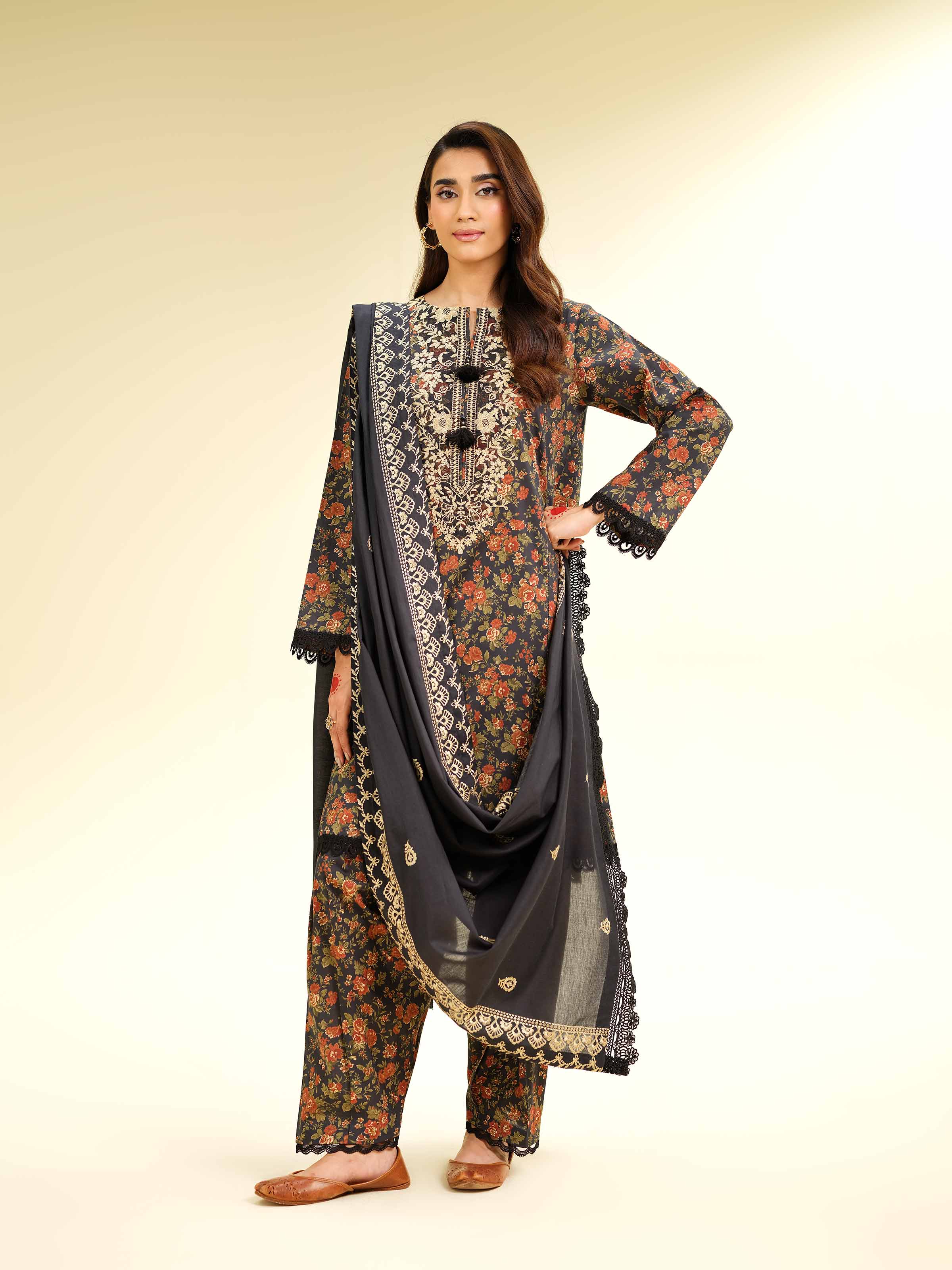 3 Piece - Printed Embroidered Suit - 42501356