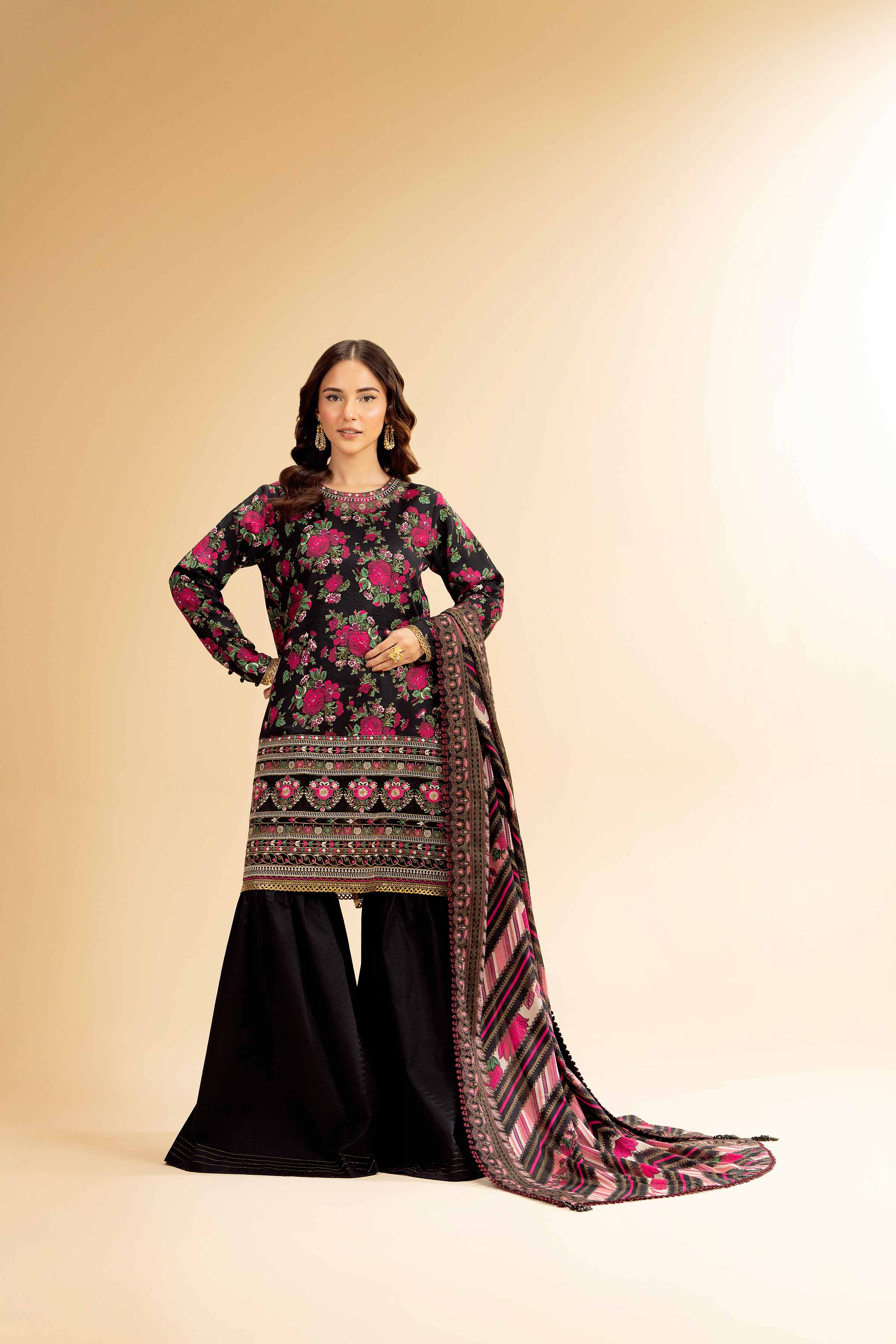 3 Piece - Gold Printed Embroidered Suit - 42501417