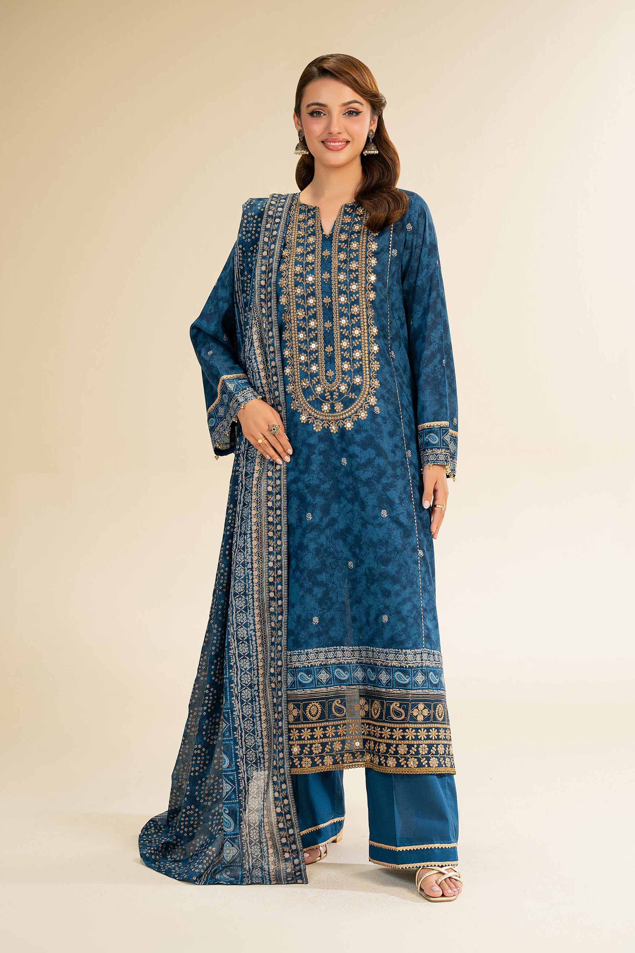 3 Piece - Gold Printed Embroidered Suit - 42501424
