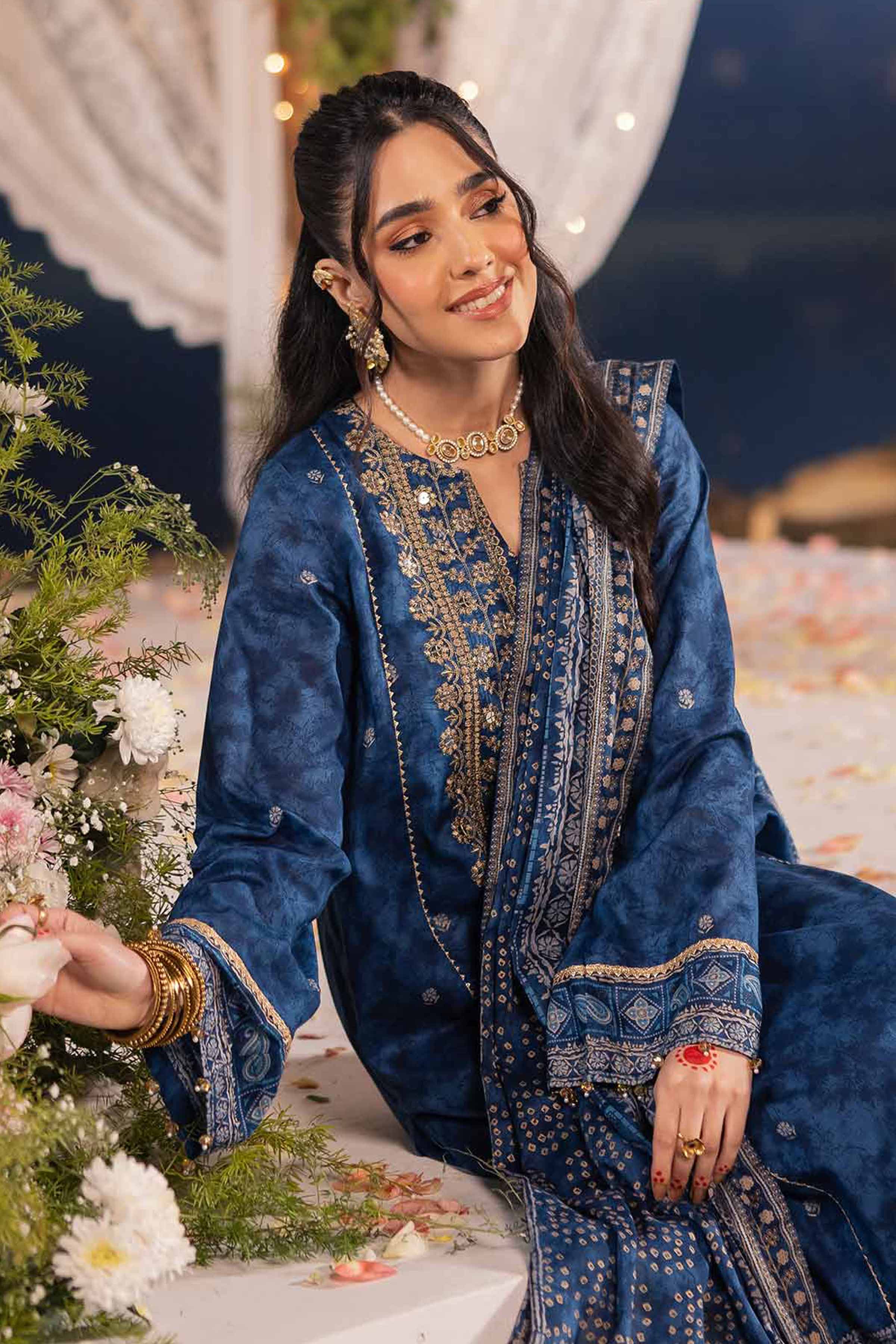 3 Piece - Gold Printed Embroidered Suit - 42501424