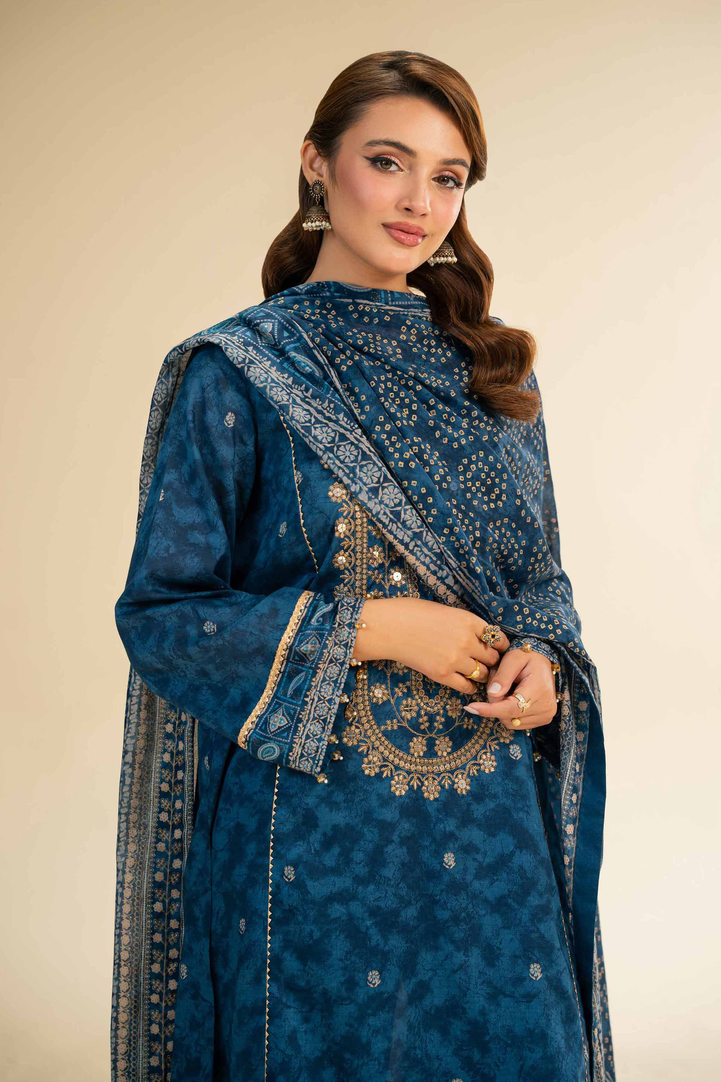 3 Piece - Gold Printed Embroidered Suit - 42501424