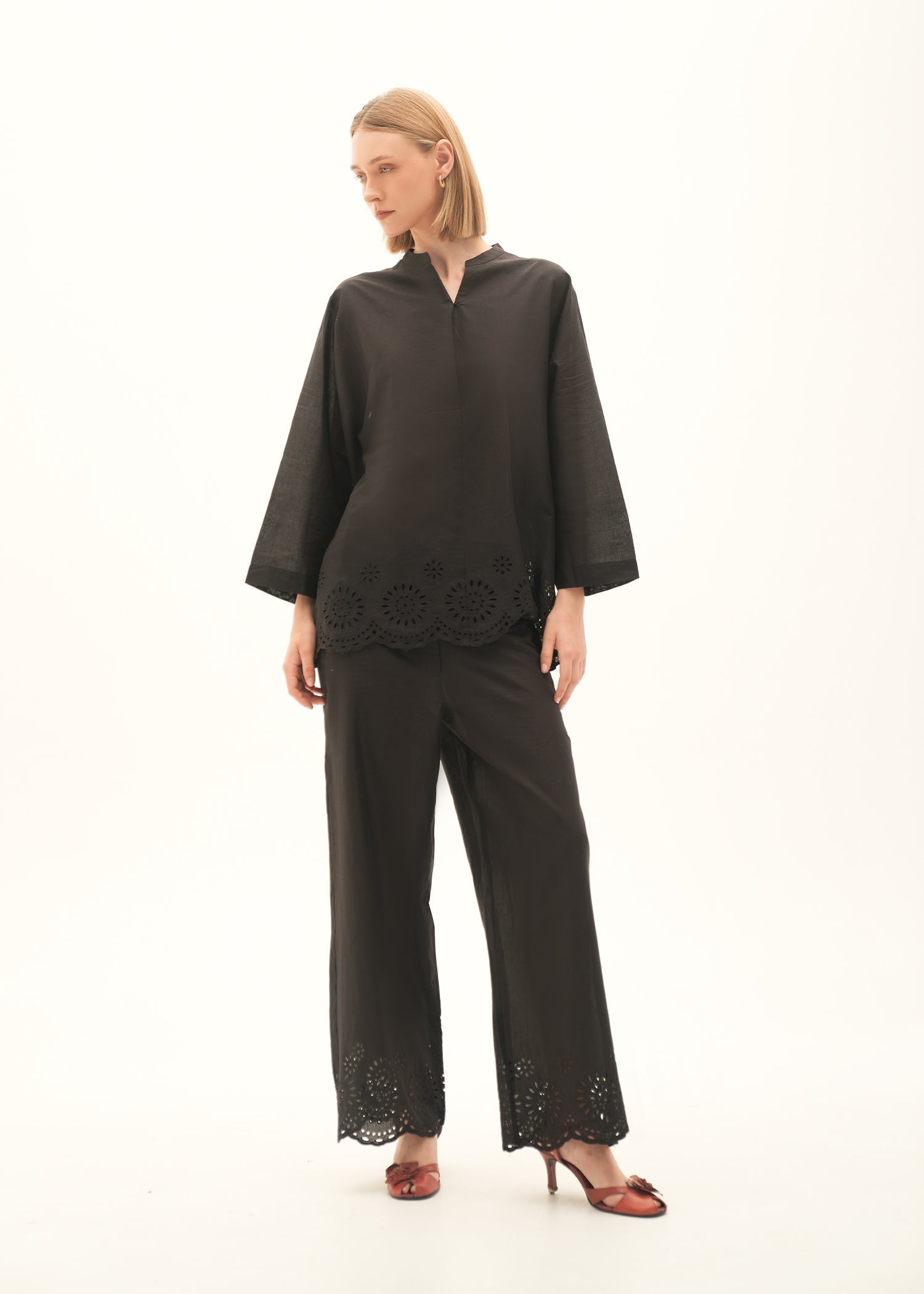 Wide-leg Cotton Trouser with Schiffli Embroidery - KOA