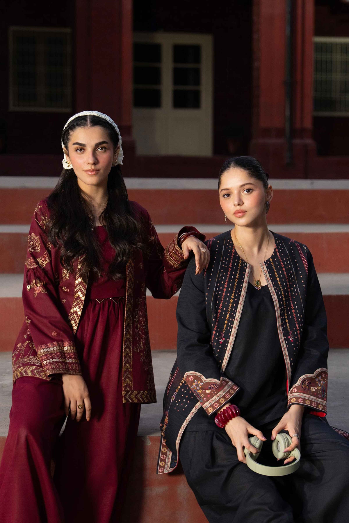 Shop red embroidered karandi jacket - alternate angle | Nishat USA