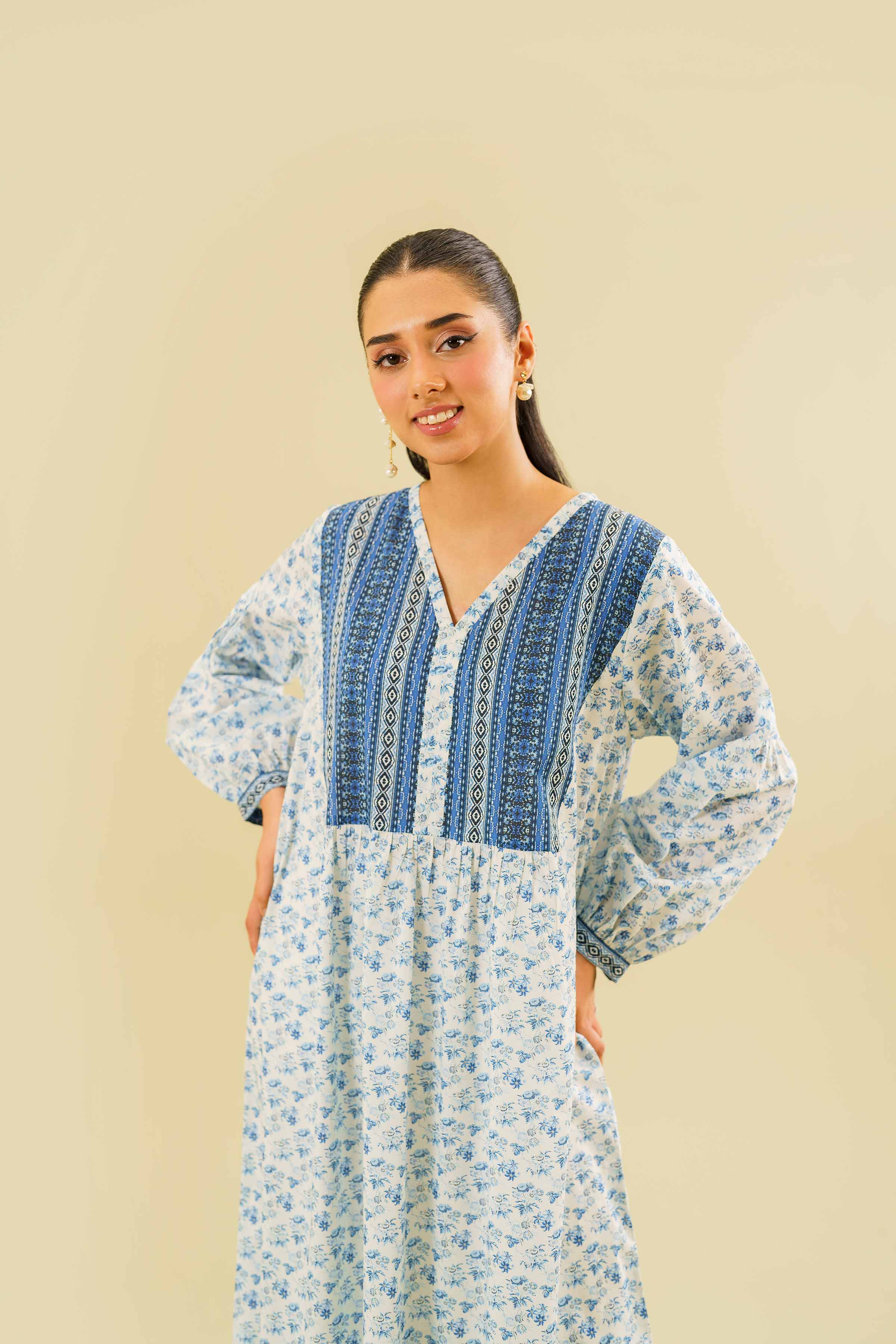 Printed Embroidered Long Dress - FE24-54