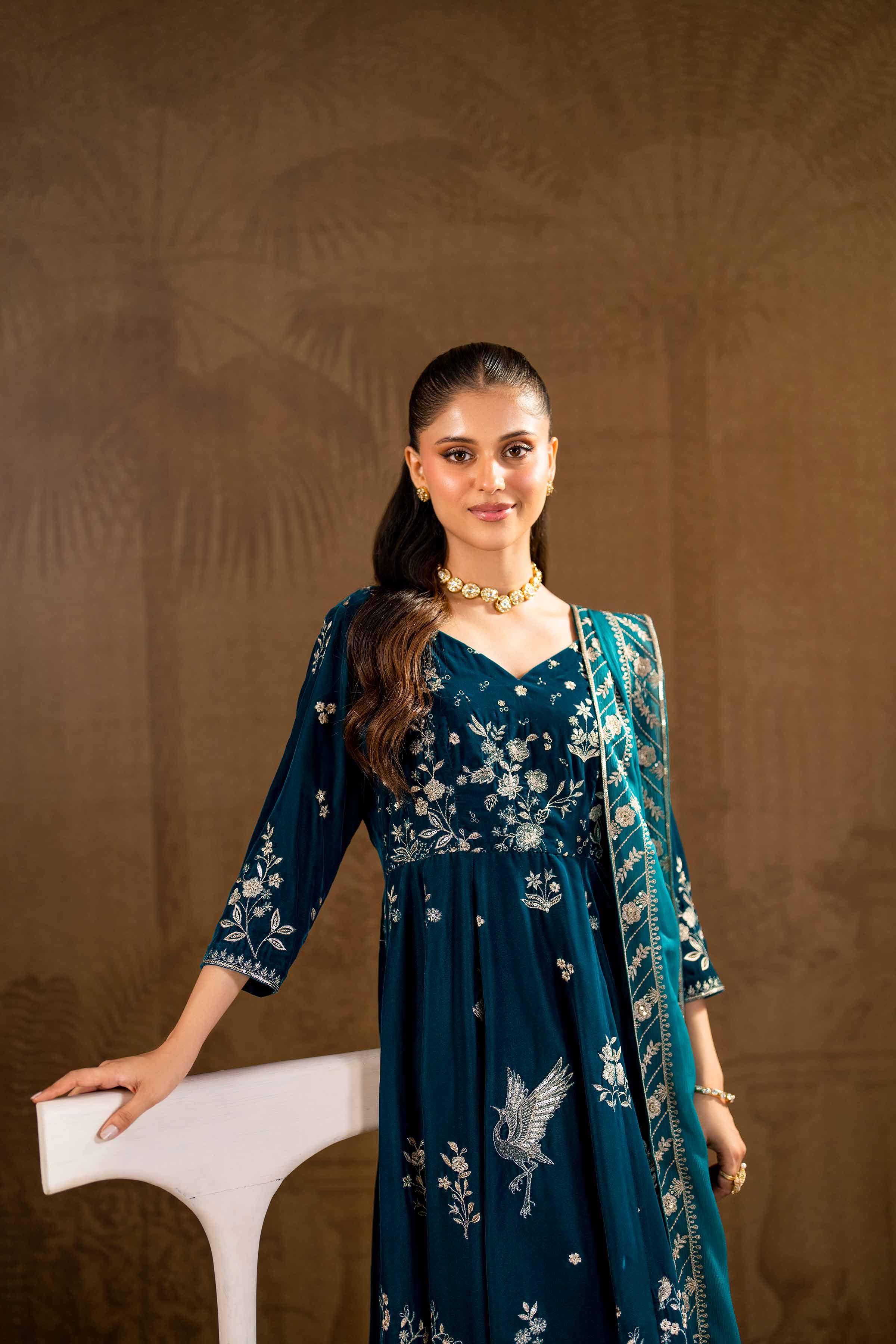 Buy Green Embroidered Velvet 2-piece ready to wear Dress