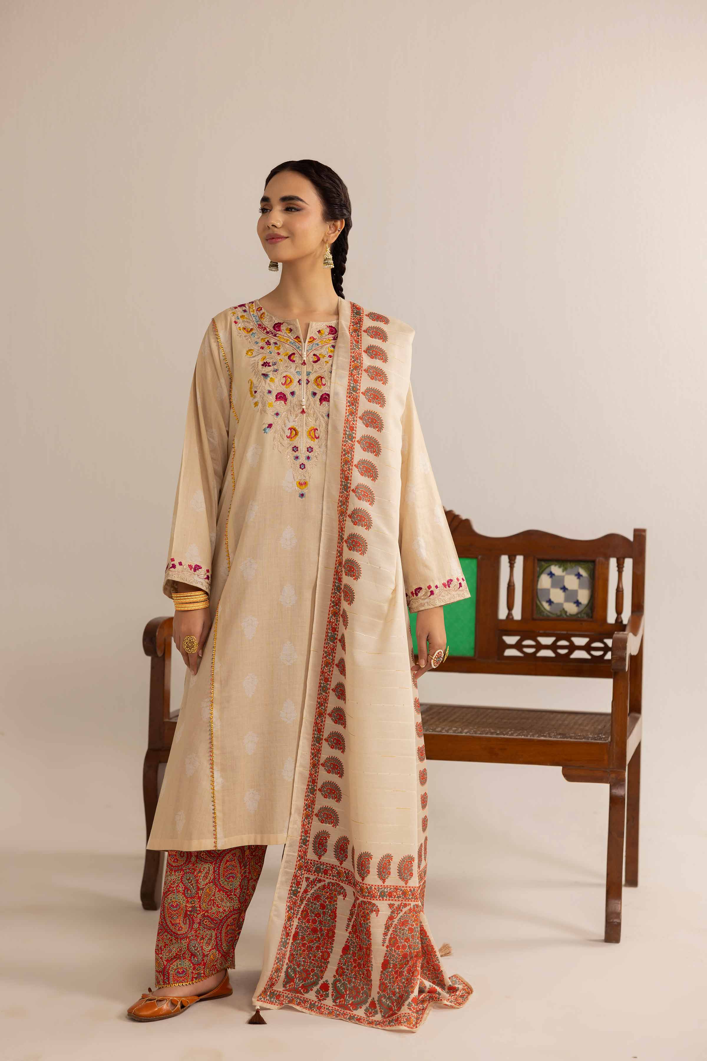 3 Piece - Printed Embroidered Suit - PE25-108