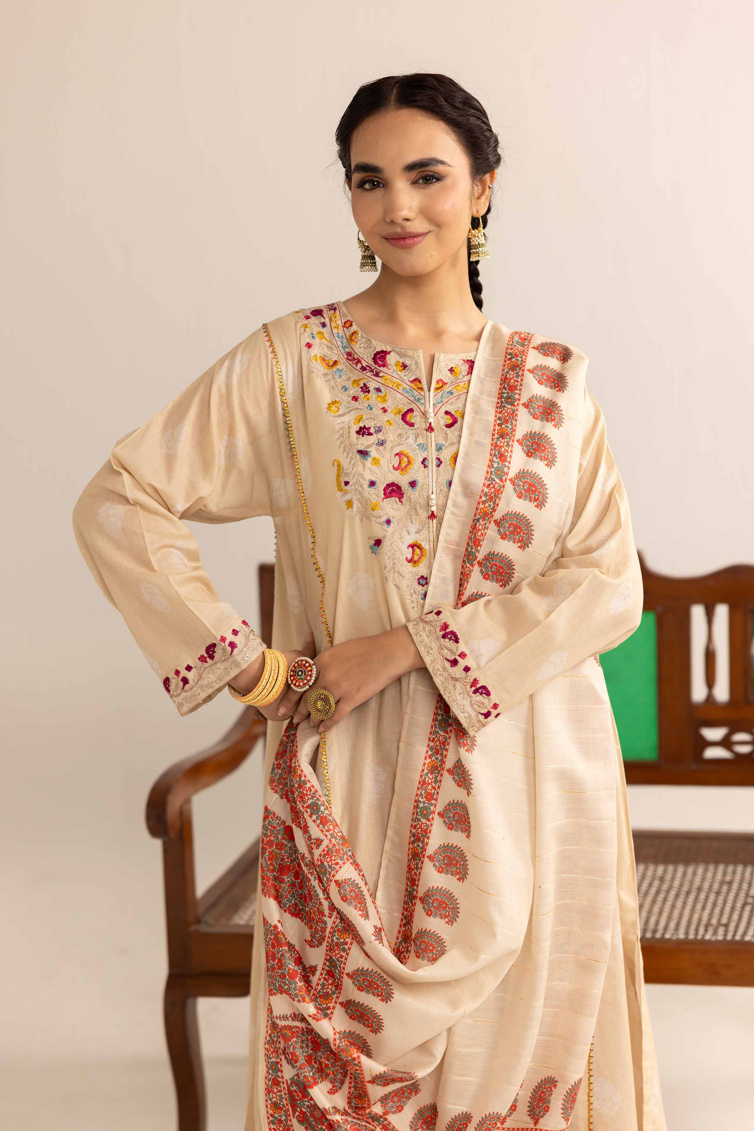 3 Piece - Printed Embroidered Suit - PE25-108